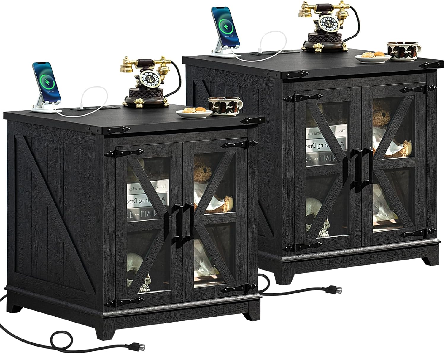 Farmhouse End Table with Charging Station Set 2, 24" Large Sofa Side Table with...