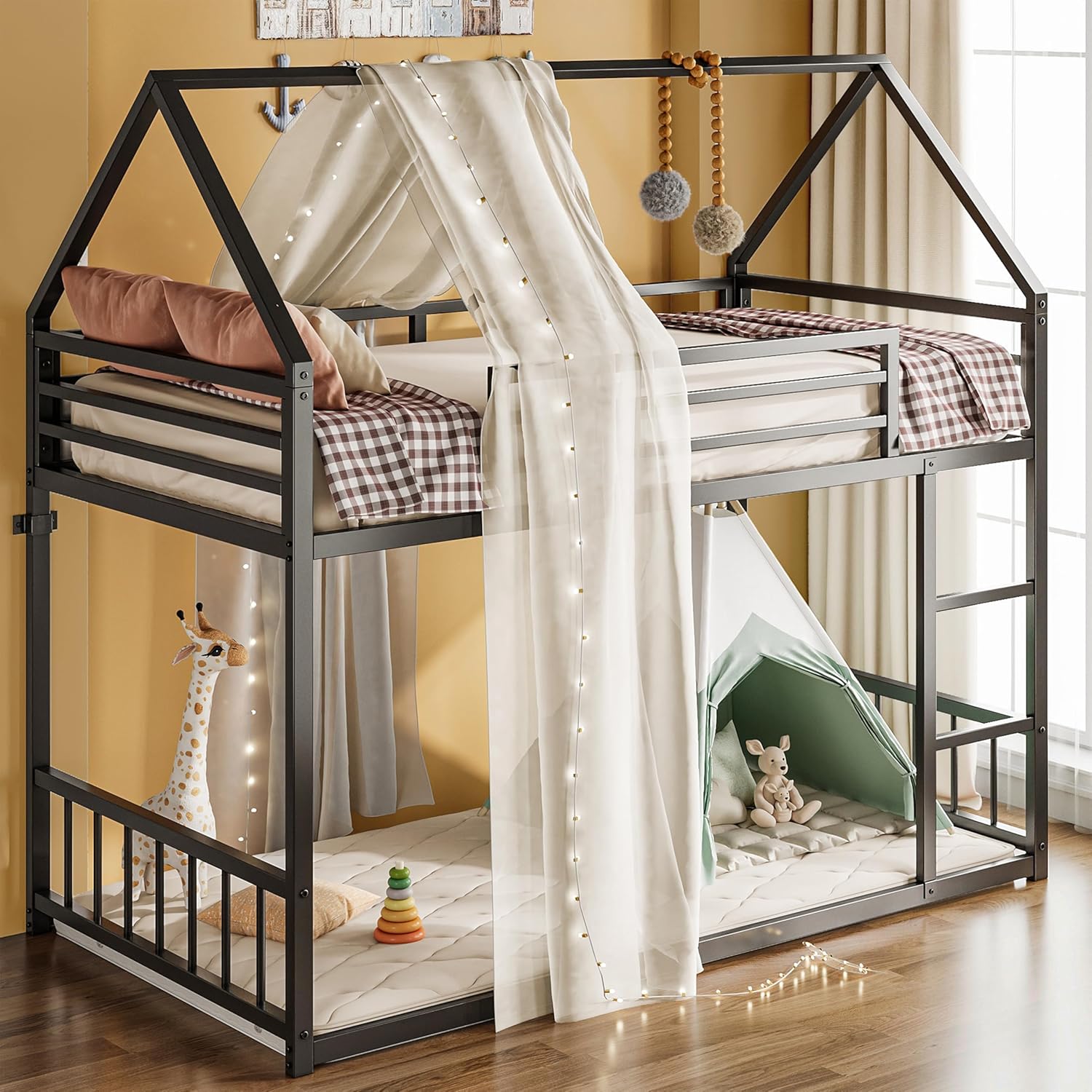 LIKIMIO Bunk Bed Twin Over Twin, House Bunk Bed Frame with Ladder and Guardrail,...
