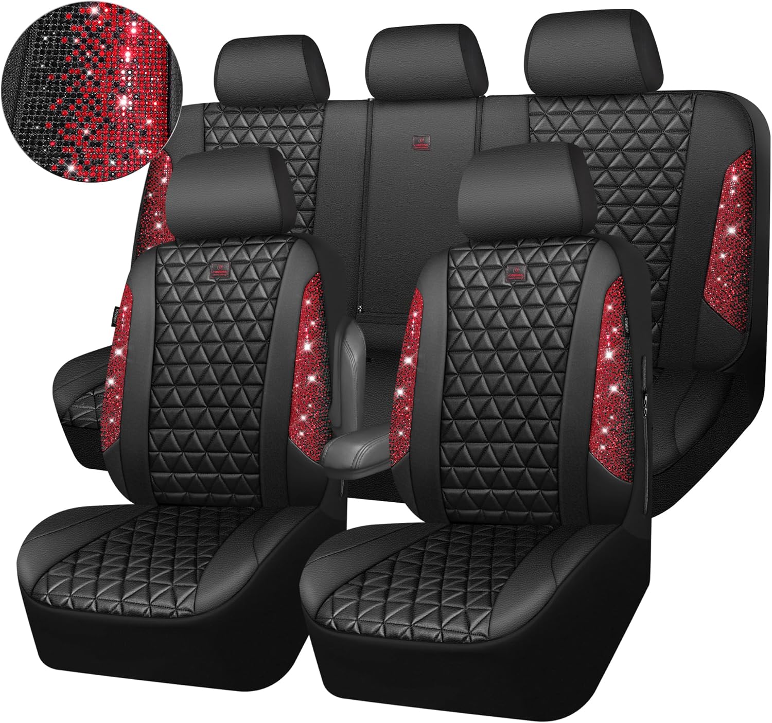 CAR PASS Bling Diamond Black Leather Car Seat Covers Full Set Interior Sets, Wat...