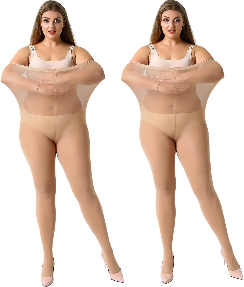 MANZI Women's 2 Pairs Plus Size Control Top Ultra-Soft Tights XXL Tan-2 Pairs(se...