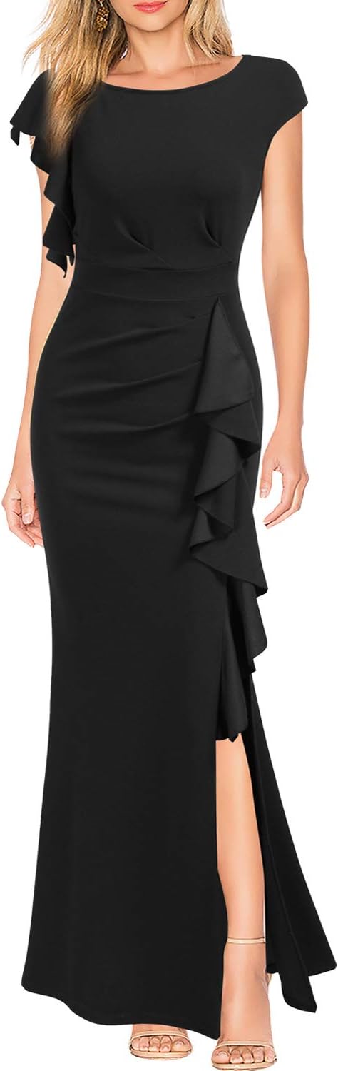WOOSEA Women's Split Bodycon Mermaid Evening Cocktail Long Dress Large Black