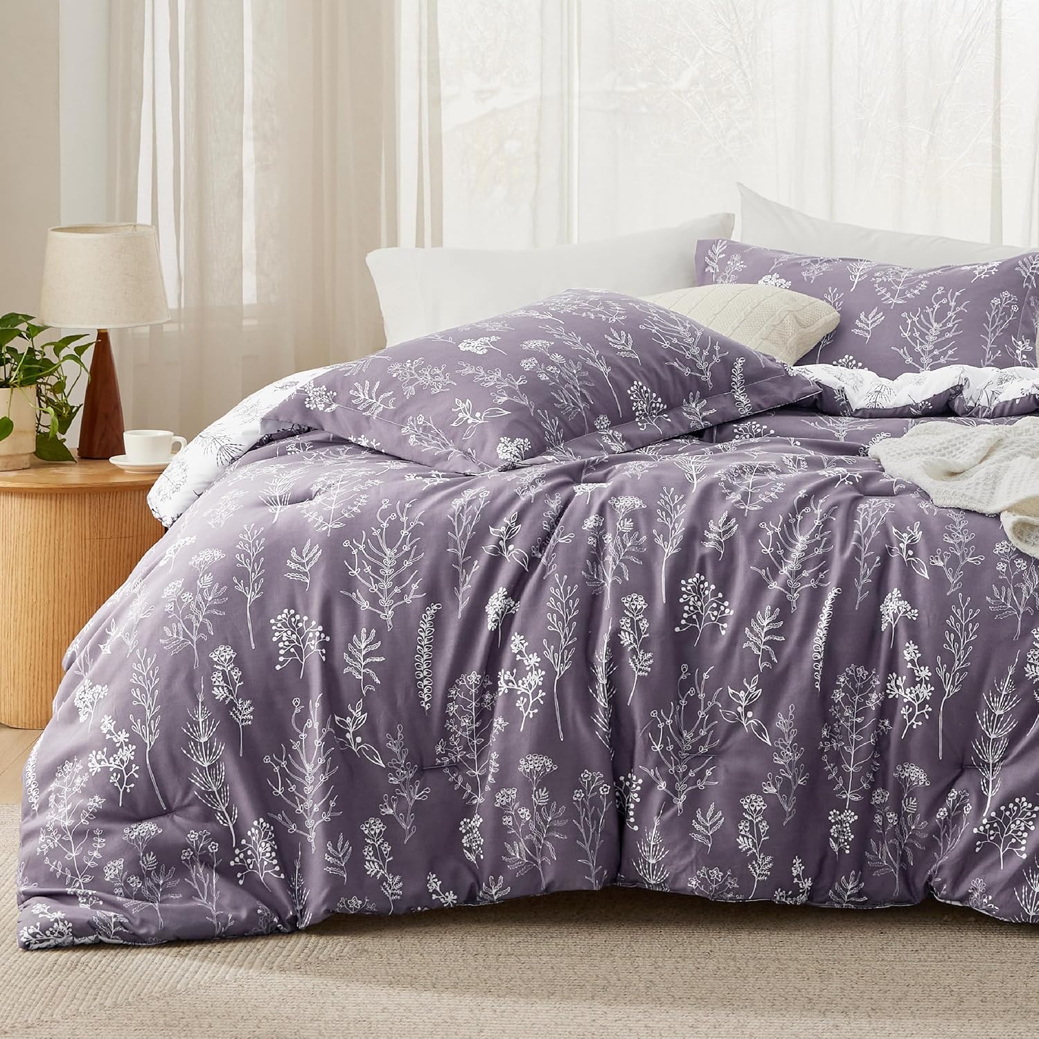 Bedsure King Comforter Set - Grayish Purple Bed Set, 3 Pieces Cute Floral Beddin...