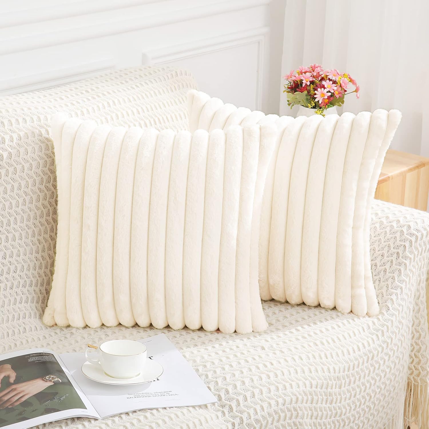Pallene Faux Fur Plush Throw Pillow Covers 18x18 Set of 2, Luxury Soft Fluffy St...