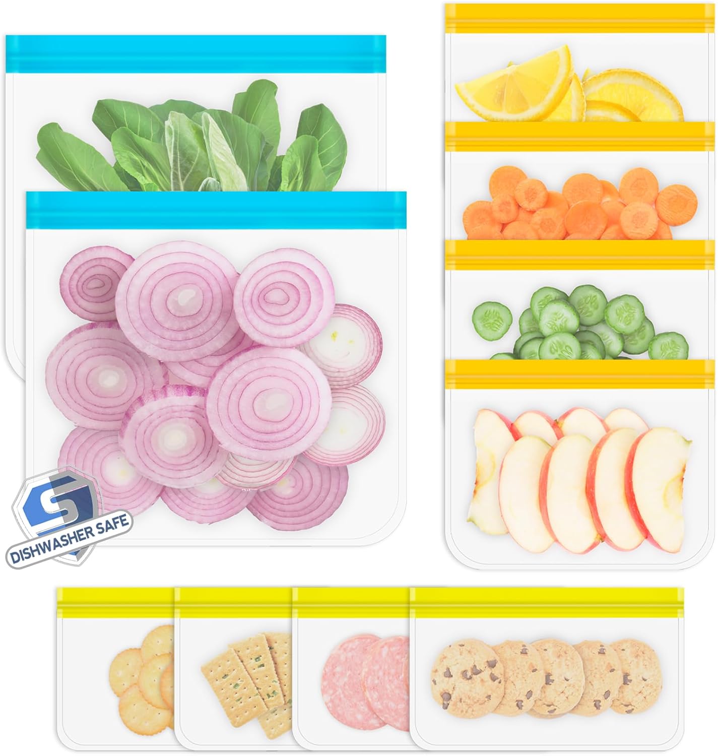 Reusable Storage Bags, 10 Pack Dishwasher Safe Silicone Food Storage Bags with 3...
