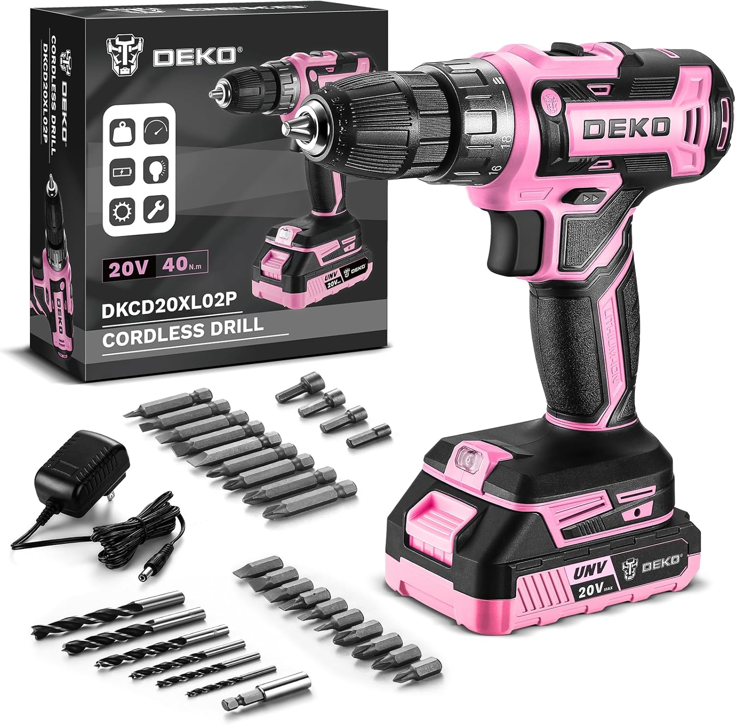 Power Drill Cordless: DEKO PRO Pink Cordless Drill 20V Electric Power Drill Set...