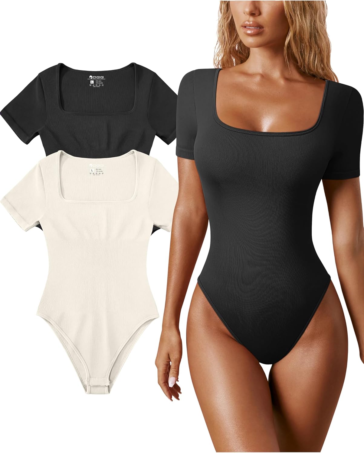 OQQ Women's 2 Piece Bodysuits Sexy Ribbed One Piece Square Neck Short Sleeve Bod...