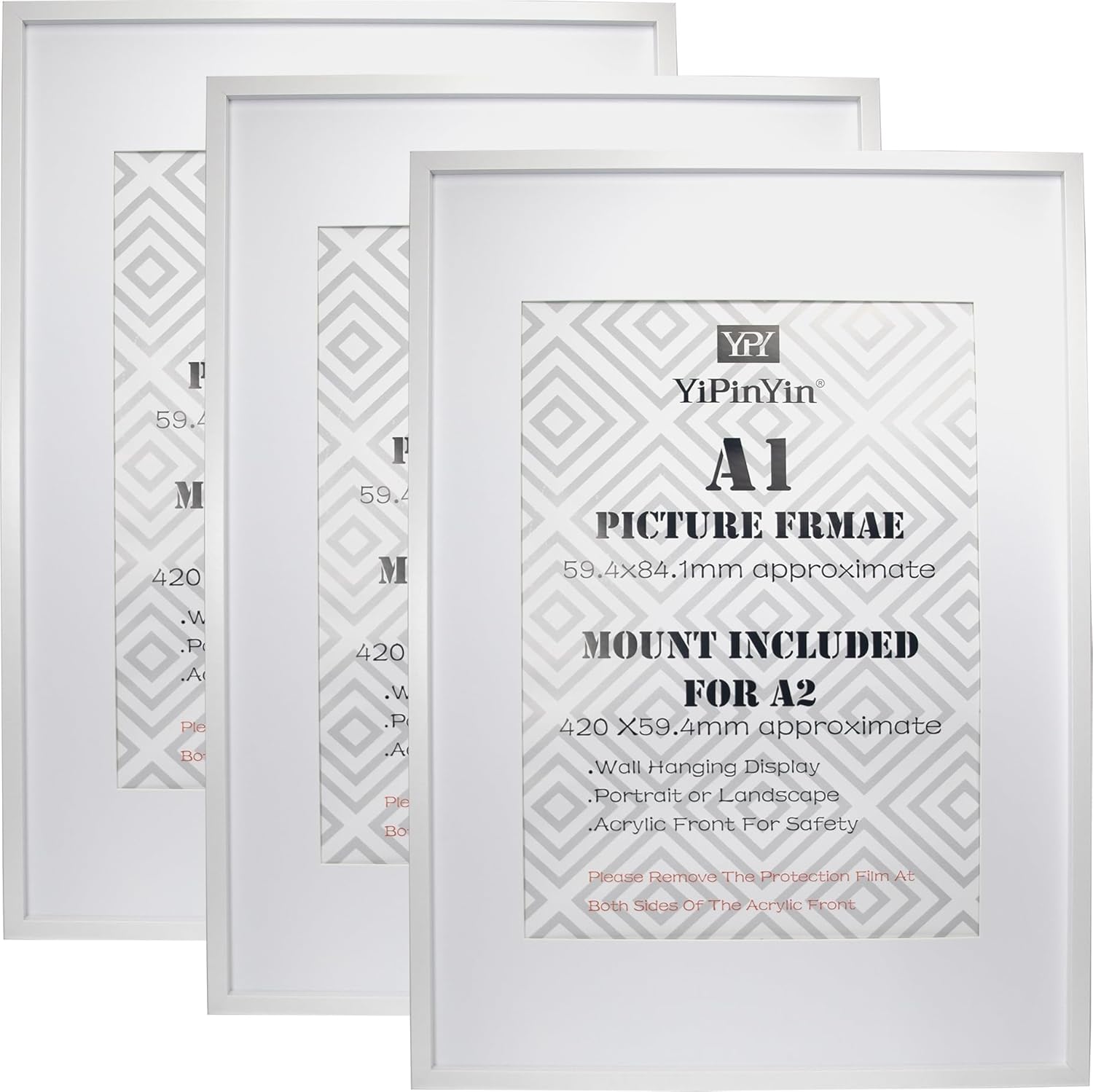 White A1(59.4x84.1cm) Boxed Picture Frames Set of 3 with Mounts for A2(41x58.4cm...