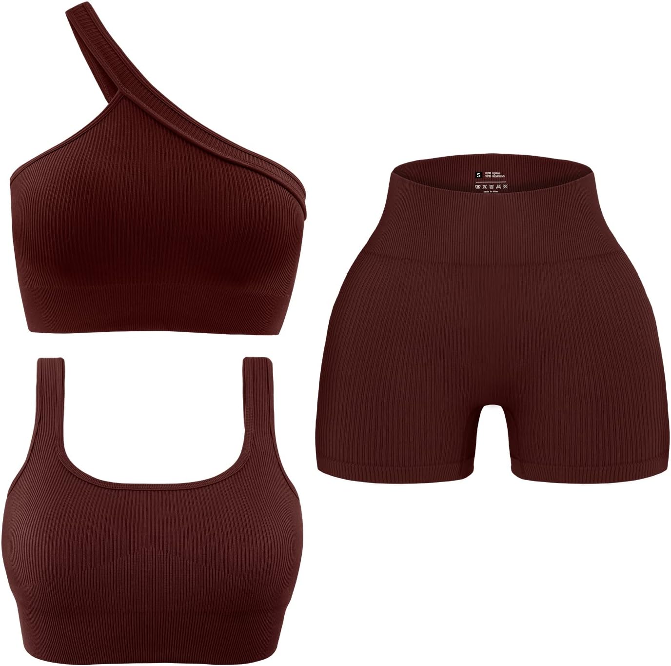 OLCHEE Womens 3 Piece Workout Sets - Seamless Ribbed Yoga Outfits One Shoulder S...
