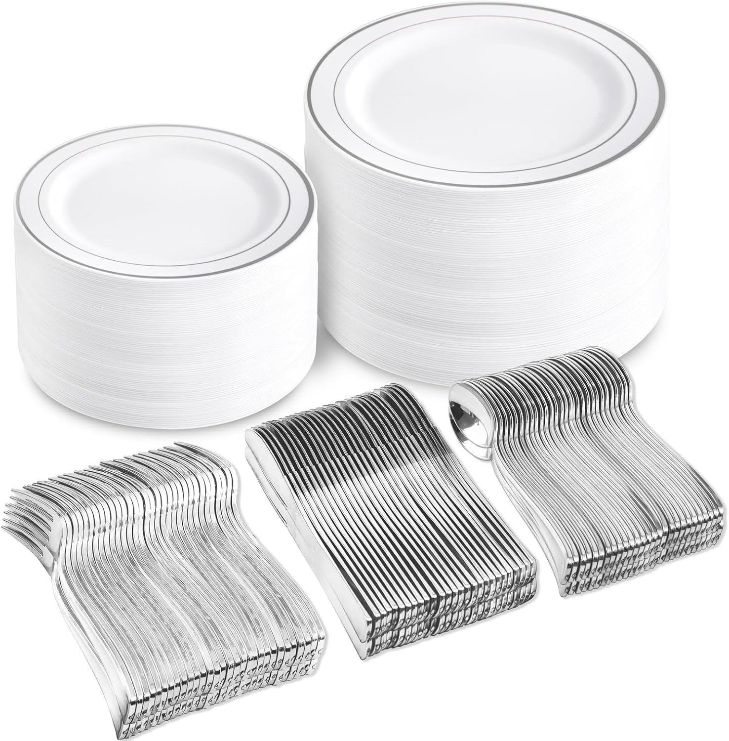 DaYammi 500pcs Silver Plastic Dinnerware Sets, Includes: 100 Silver Rim Dinner P...