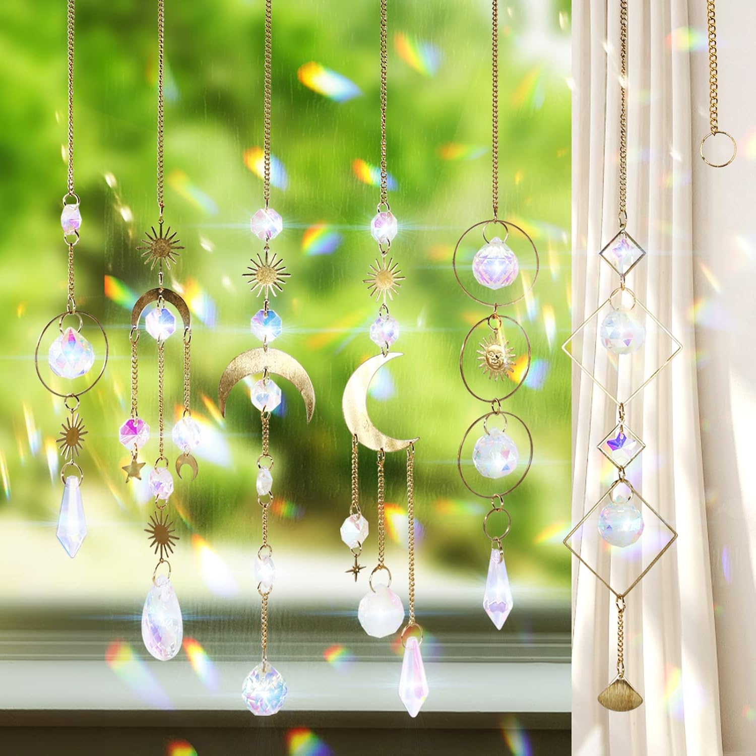 BBdis 6Pieces Crystals Suncatcher, Hanging Sun Catchers with Chain Pendant Ornam...