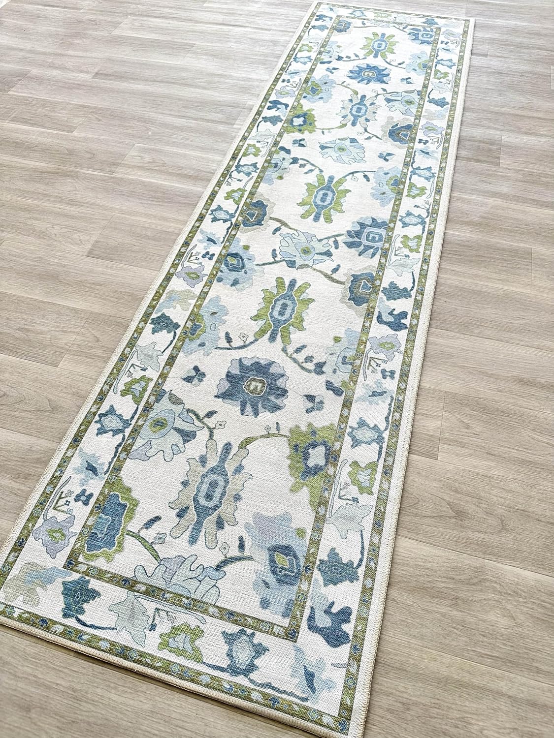 Green Oushak Runner Rug, Modern Runners, Vintage, Turkish, Eclectic, Floral, Pas...