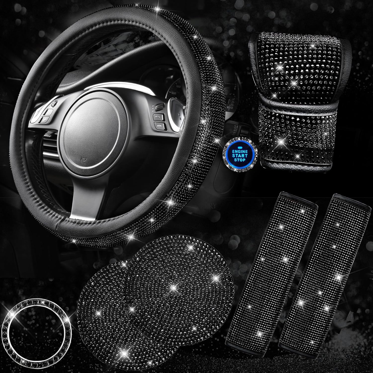 CAR PASS 7 PCS Bling Car Accessories for Women, Sparkly Rhinestone Diamond Steer...