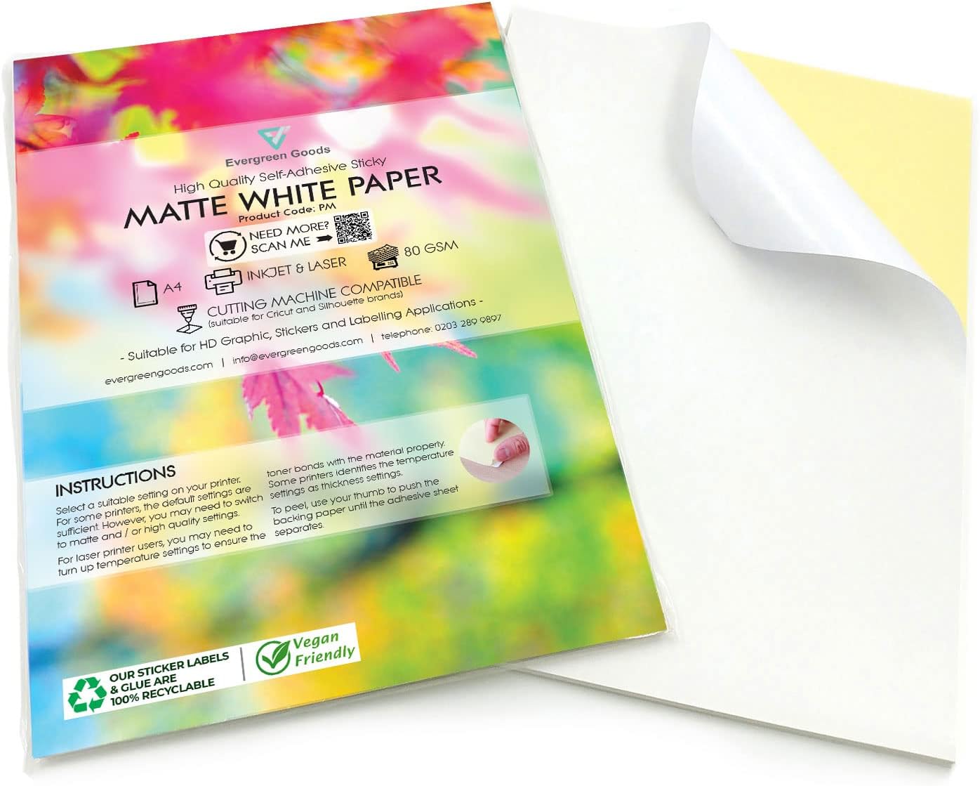 Evergreen Goods Ltd 50 Sheets A4 White Self Adhesive Matte Sticker Paper | Durab...