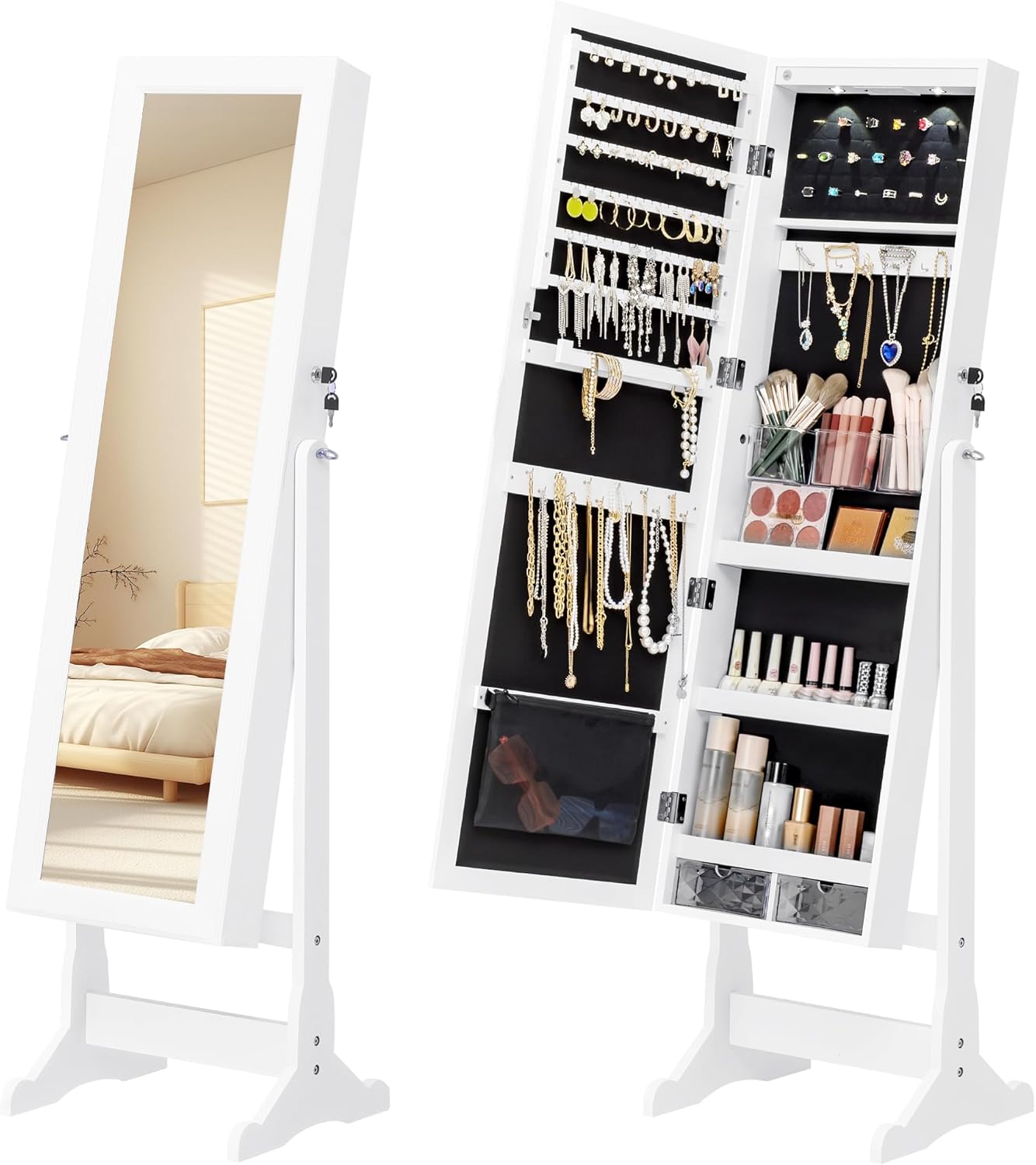 Furmax Mirror Jewelry Cabinet Standing Full Length Mirror with Storage Jewelry A...