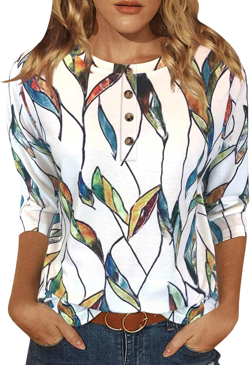 Womens Tops Casual 3/4 Sleeve Shirts Crew Neck Loose Casual Blouses Floral Print...