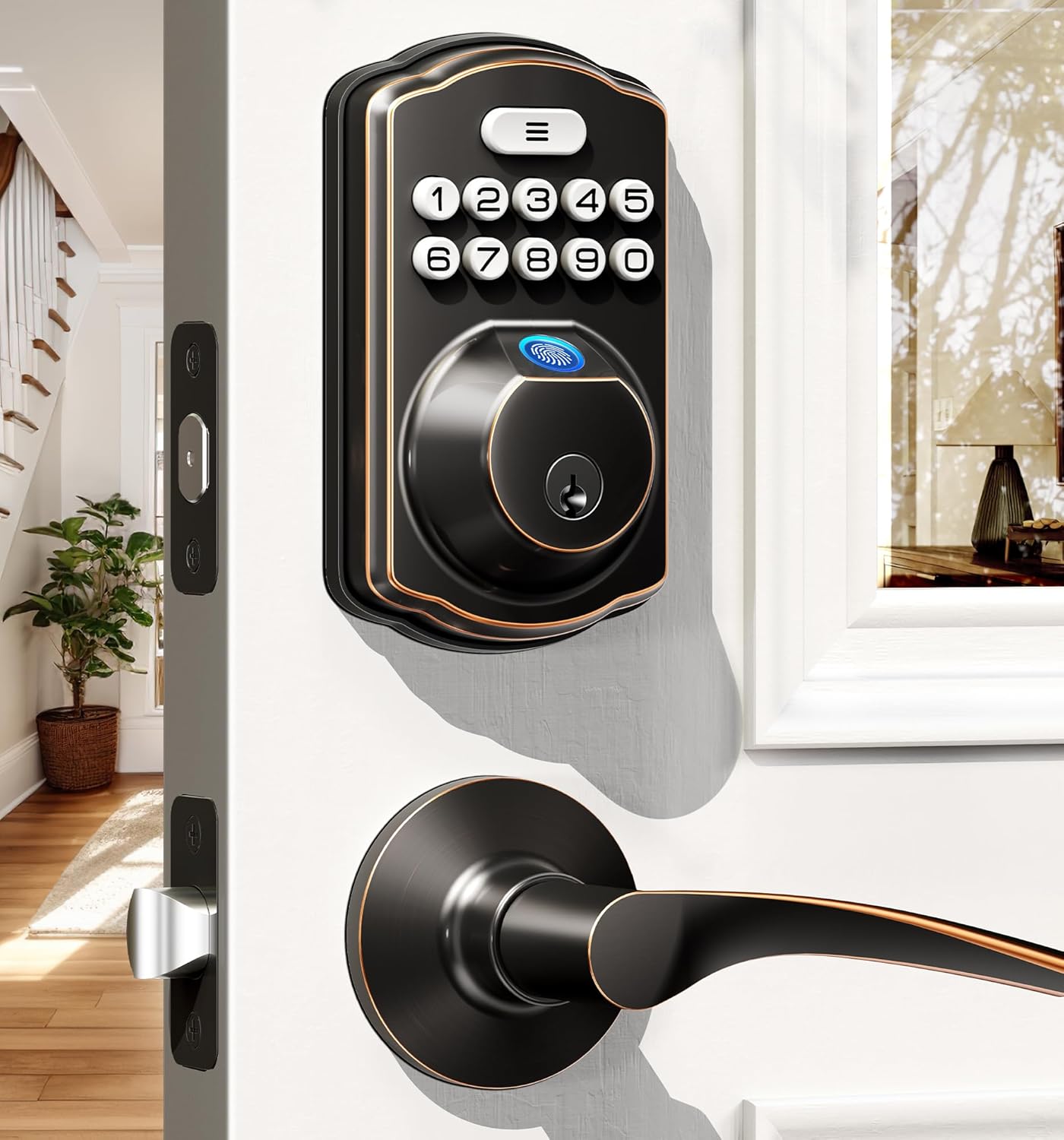 Veise Fingerprint Door Lock with 2 Lever Handles - Keyless Entry Door Lock, Elec...