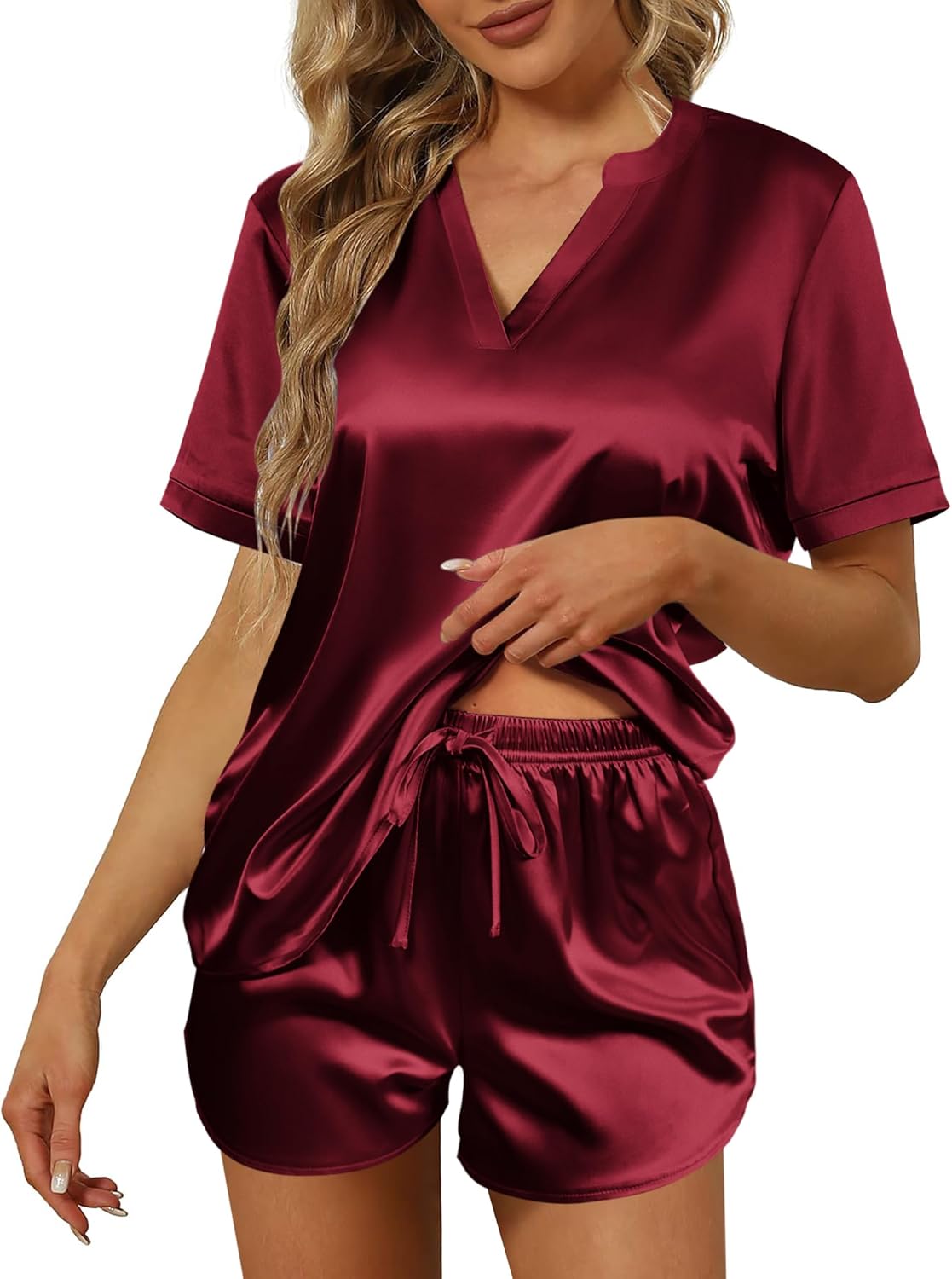Ekouaer Silk Pajamas for Women Short Sleeve Sleepwear Two-piece Pjs Set Soft V N...