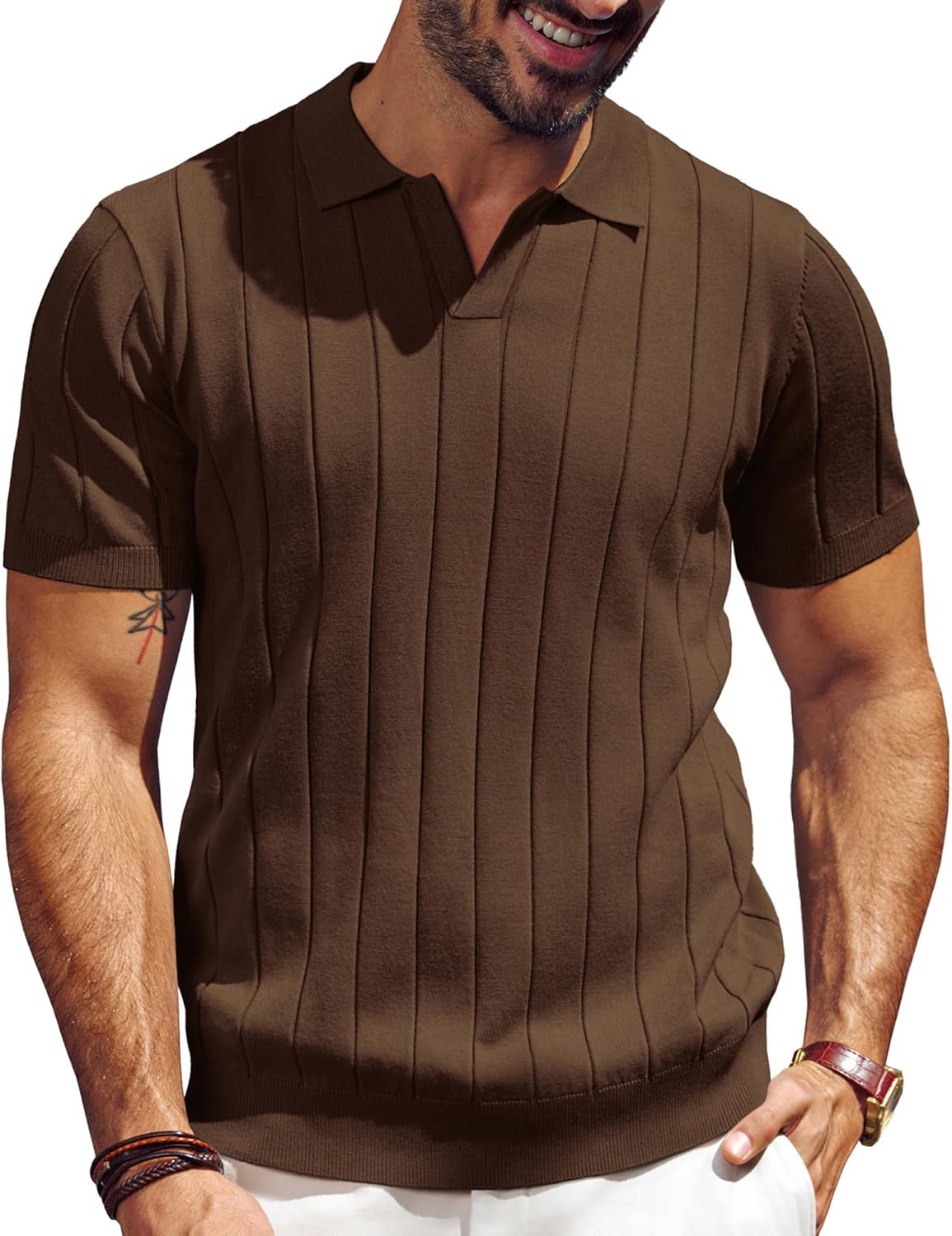 PJ PAUL JONES Men's Polo Shirt V Neck Texture Shirt Short Sleeve Casual Knit Pol...