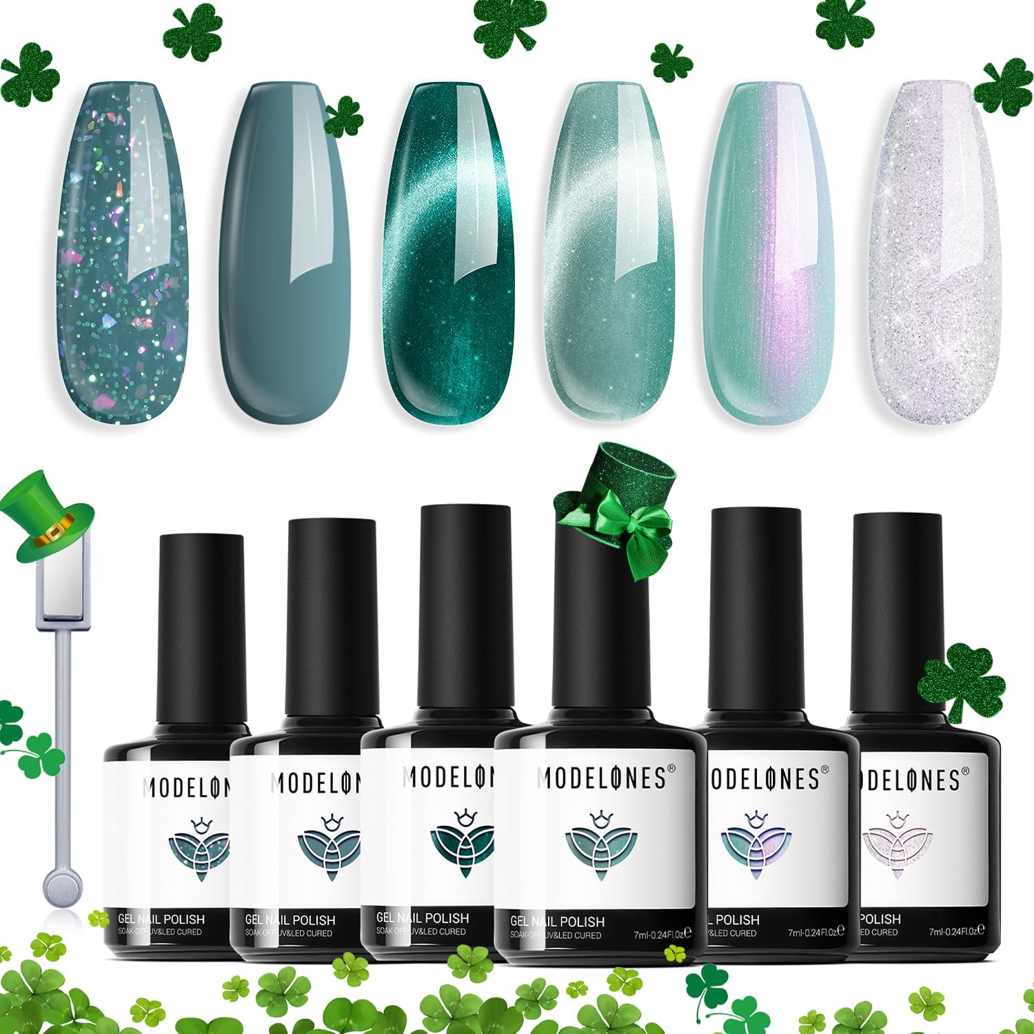 Modelones Cat Eye Gel Nail Polish, 6 Colors Hema Free Holographic 9D Green Cat E...