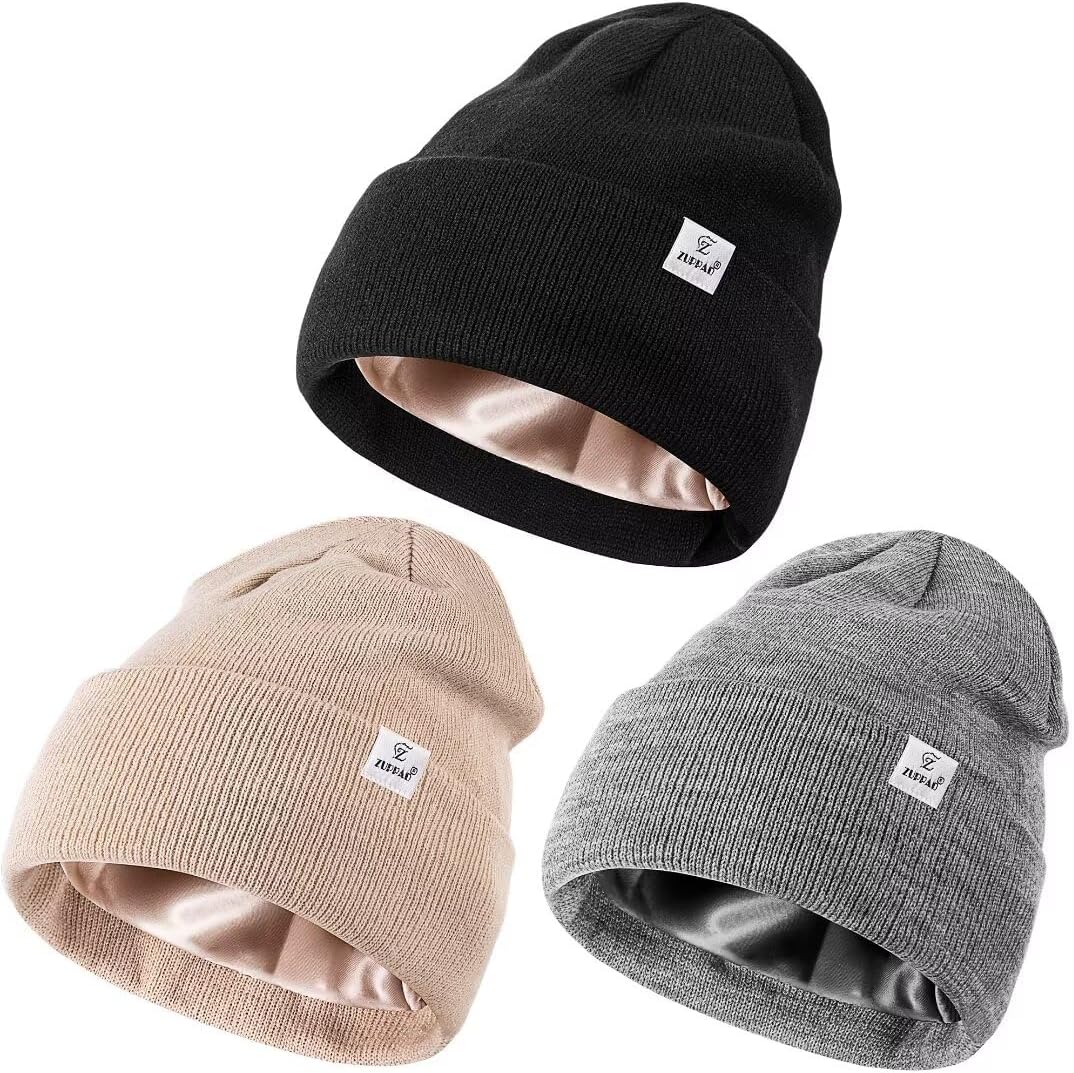3 Pack Satin Lined Winter Beanie Hats,Silk Lined Beanie Knit Soft Warm Cuffed Ha...