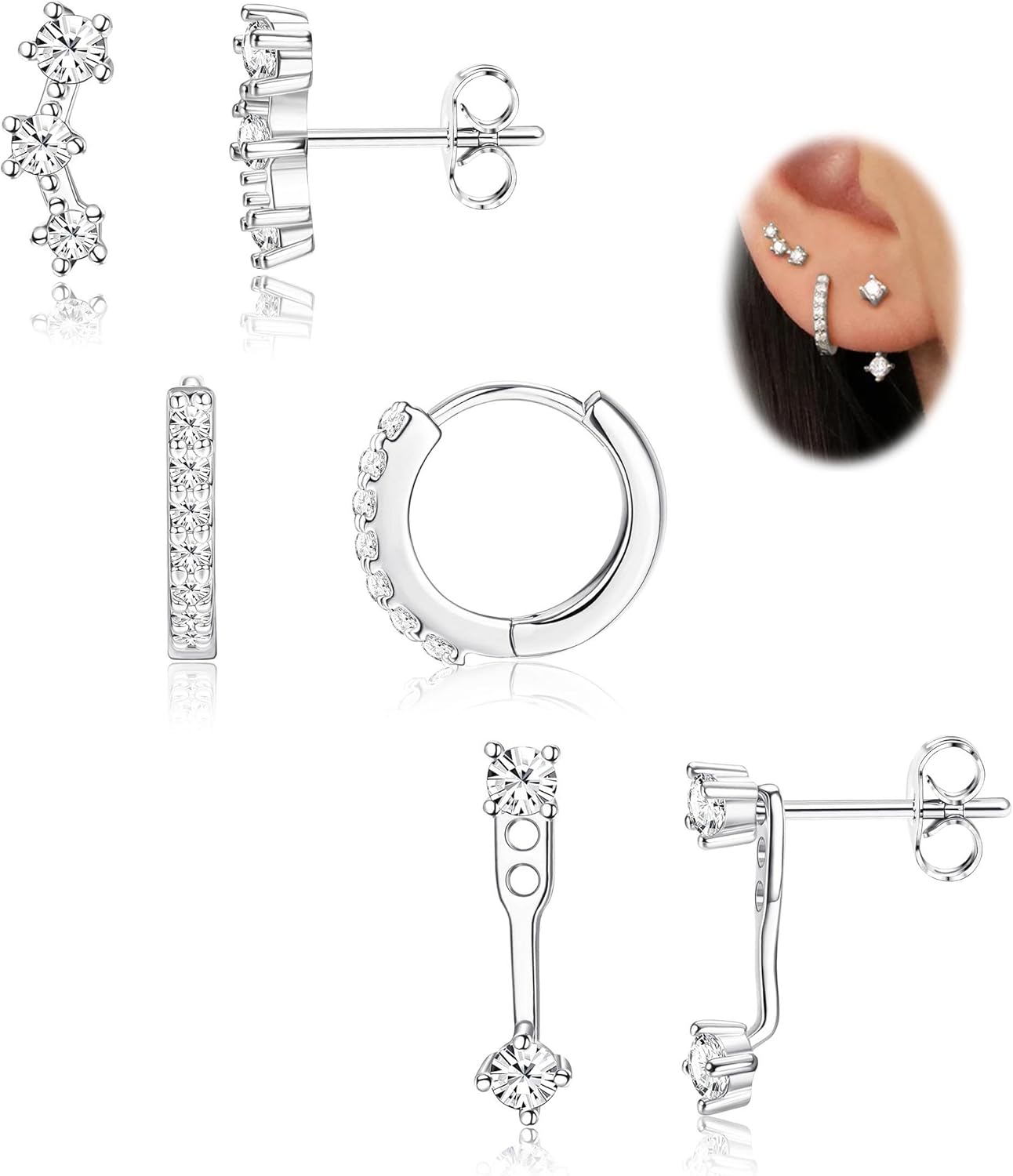 FIASASO 3 Pairs 925 Sterling Silver Hypoallergenic Earrings Set for Multiple Pie...