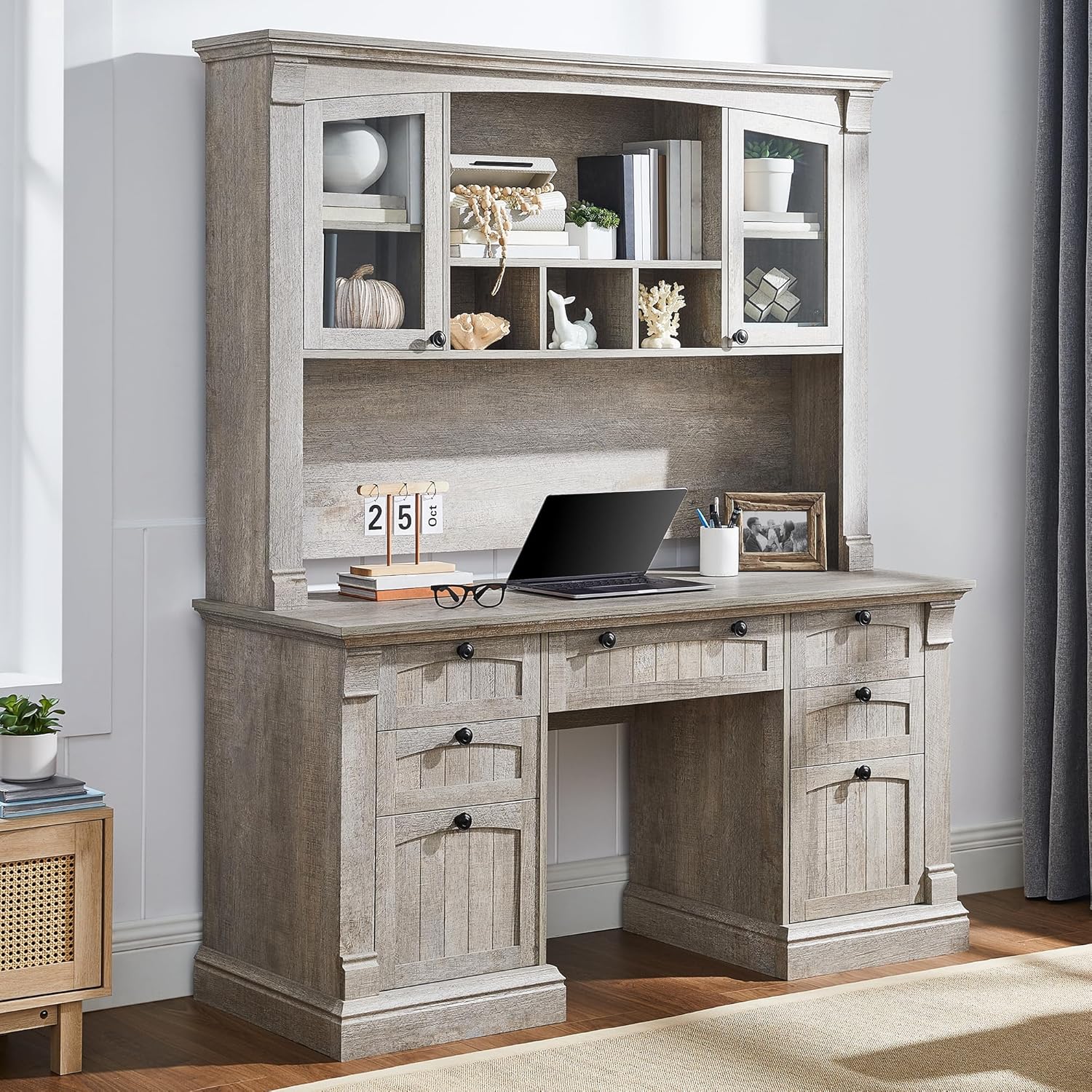 OKD 60" Executive Desk with Hutch and Drawers, Farmhouse Home Office Desk with C...