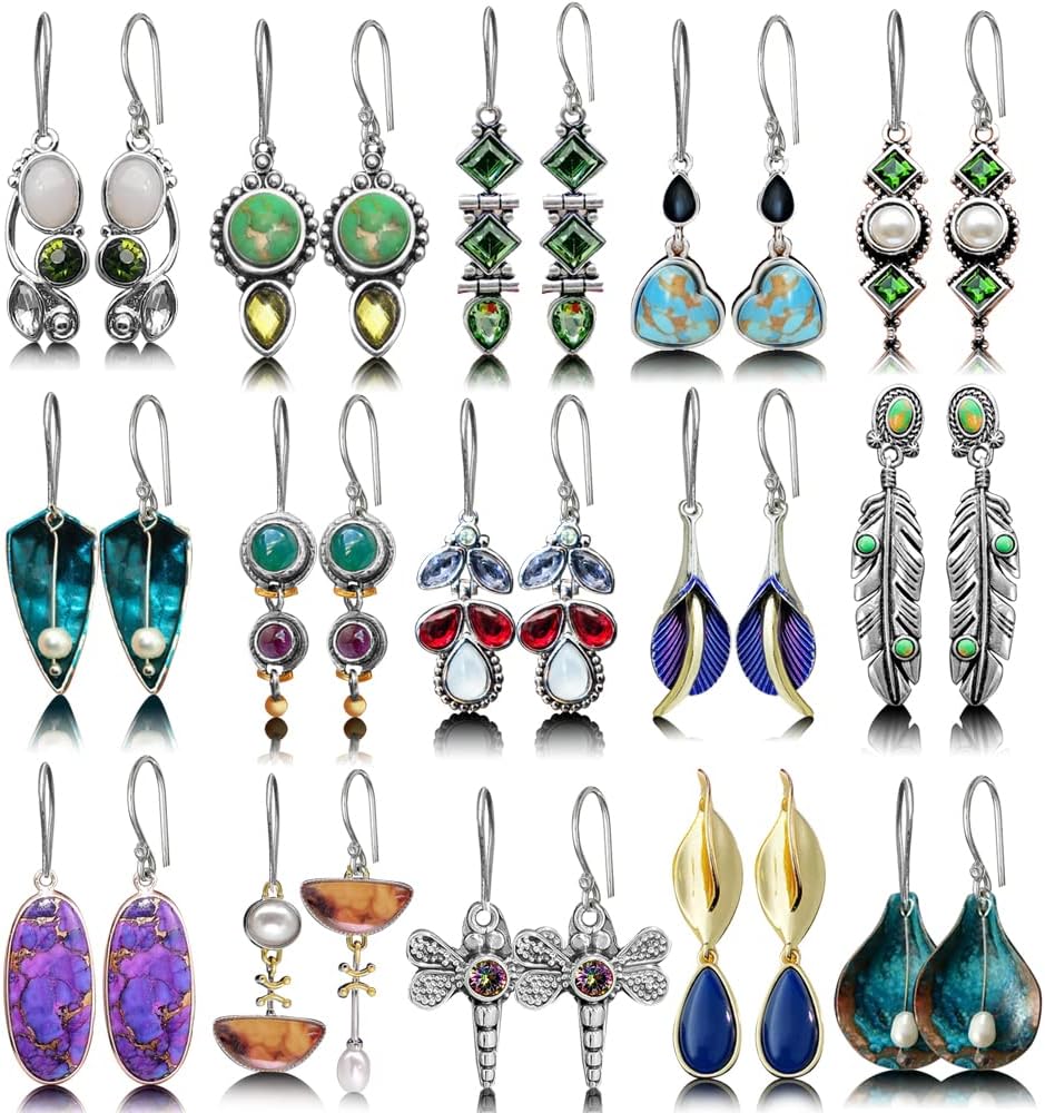 Hefanny 12 Pairs Teardrop Druse Crystal Drop Dangle Earrings for Women Cubic Zir...