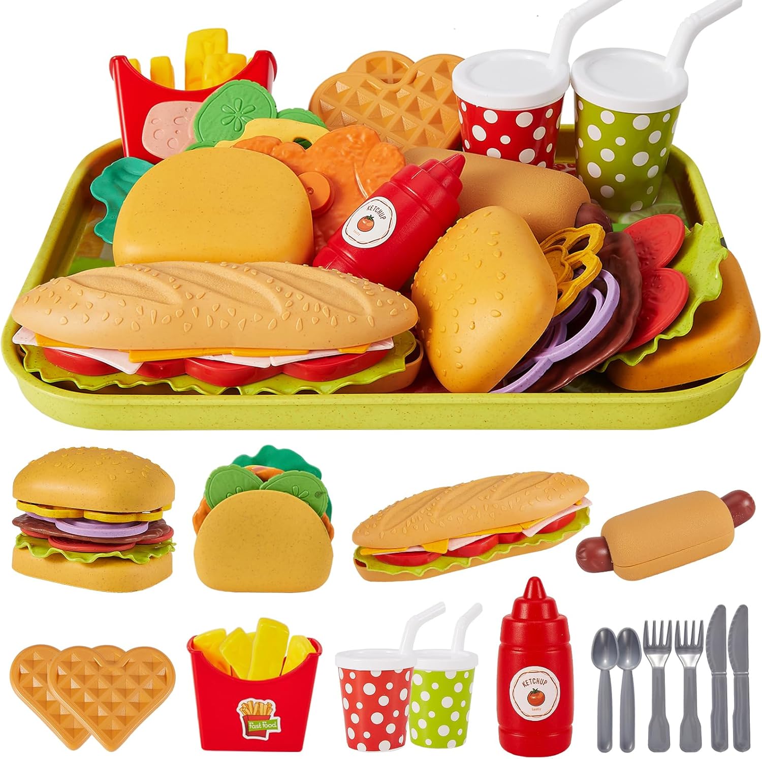 BUYGER Pretend Play Toy Food Sets for Children Kids Kitchen Take Apart Hamburger...