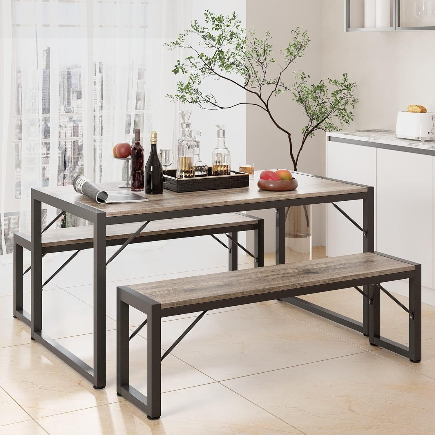Gizoon 45.5" Dining Table Set for 4, Kitchen Table Set with 2 Benches, Dining Ro...
