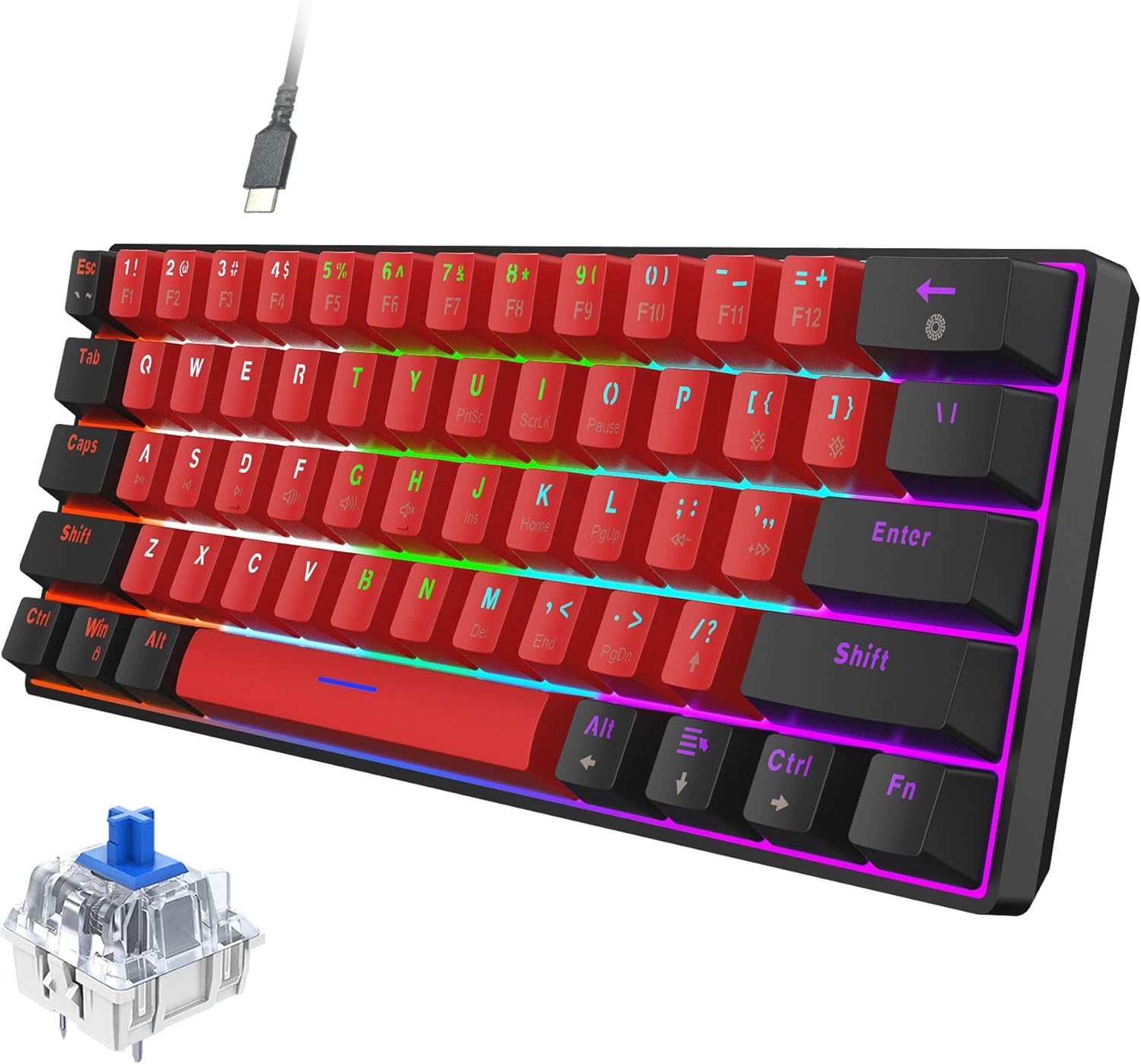 Snpurdiri Wired Mechanical Gaming Keyboard, 60% Size, LED Backlight, 61 Keys, Sm...