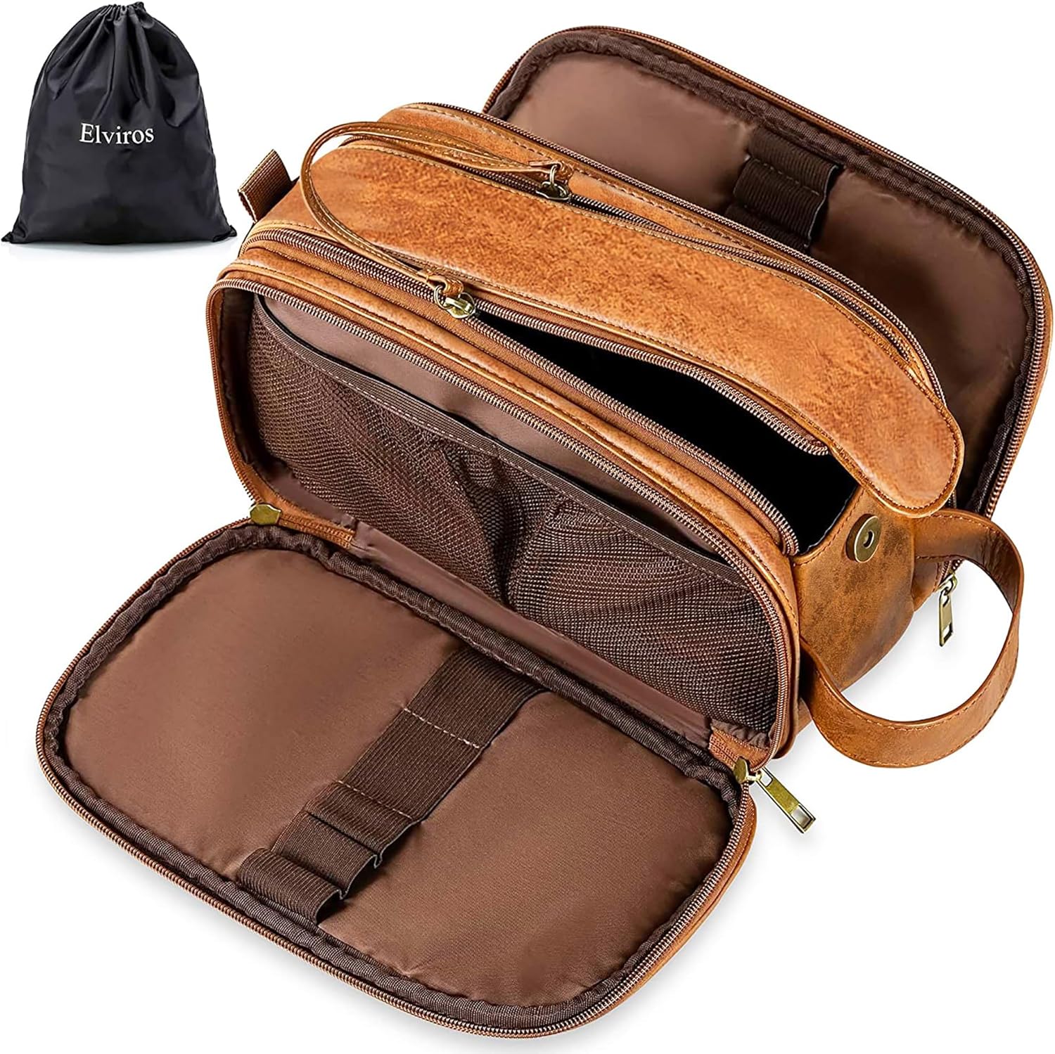 Water-Resistant Leather Toiletry Bag for Men Large Travel Wash Bag Shaving Dopp...