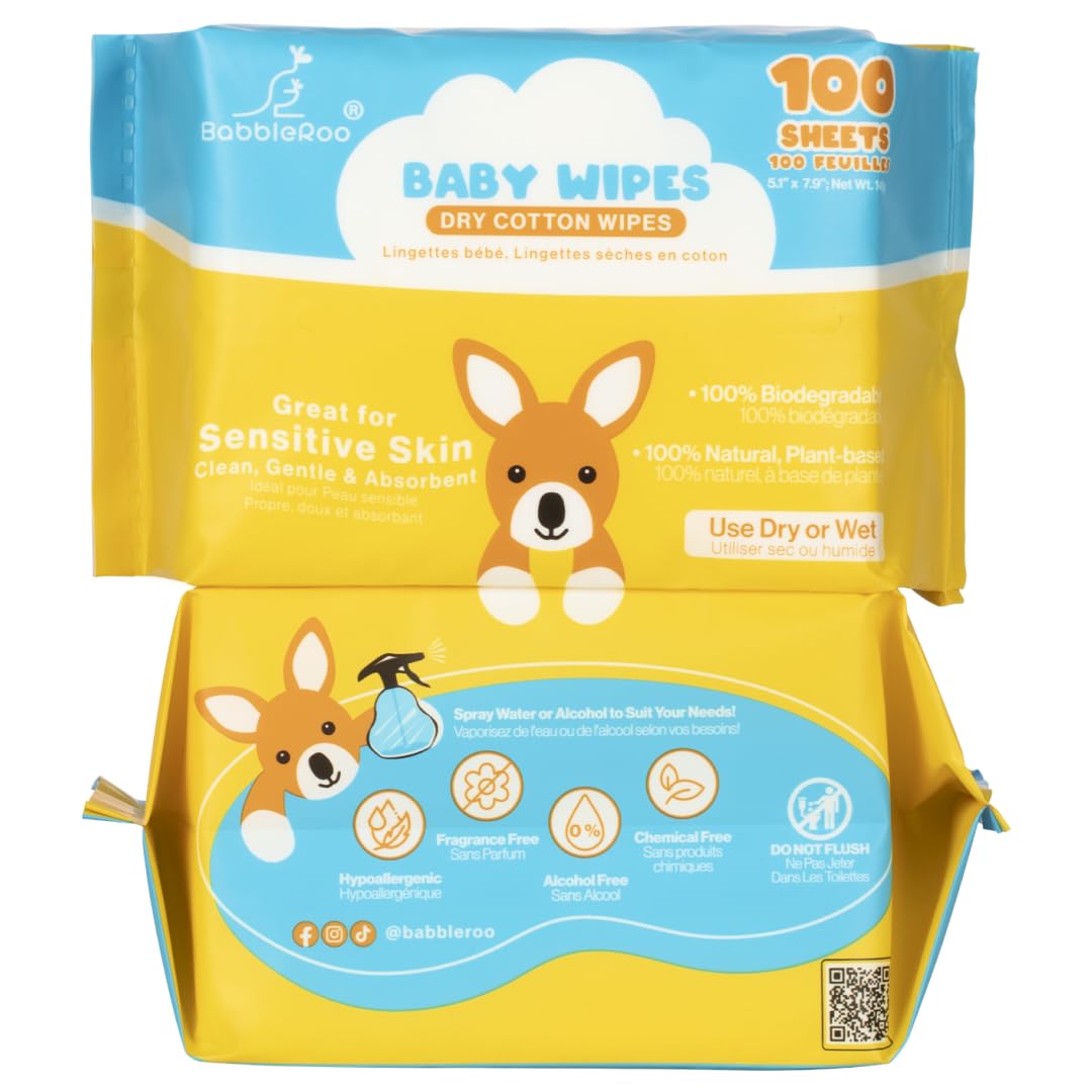 BabbleRoo Dry Wipes for Baby - 100% Plant-Based Cotton Wipes, Hypoallergenic, Fr...