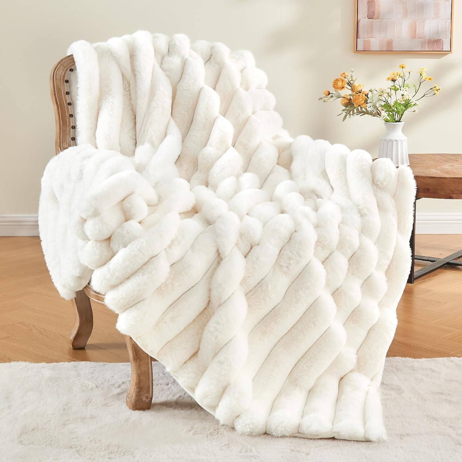 BEDELITE Faux Fur Throw Blanket for Couch, Soft and Cozy Luxurious 3D Striped Fl...