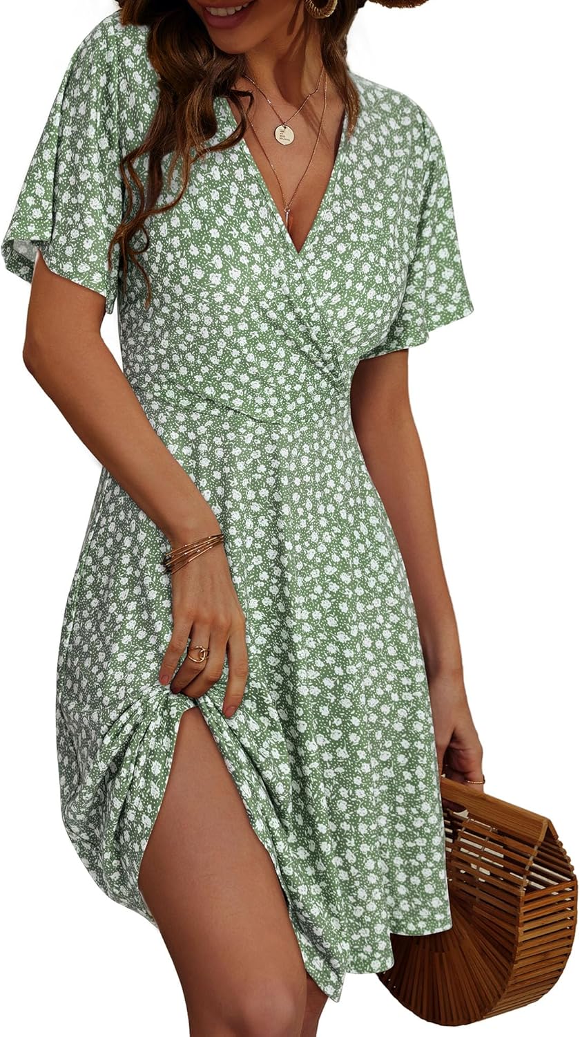 FENSACE Womens Sundress Summer Floral Short Sleeve Wrap V Neck A-Line Midi Dress...
