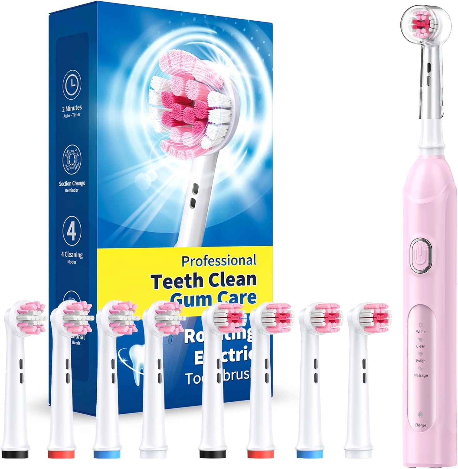 Rotating Electric Toothbrush for Adults with 8 Brush Heads (2 Types), 4 Modes De...