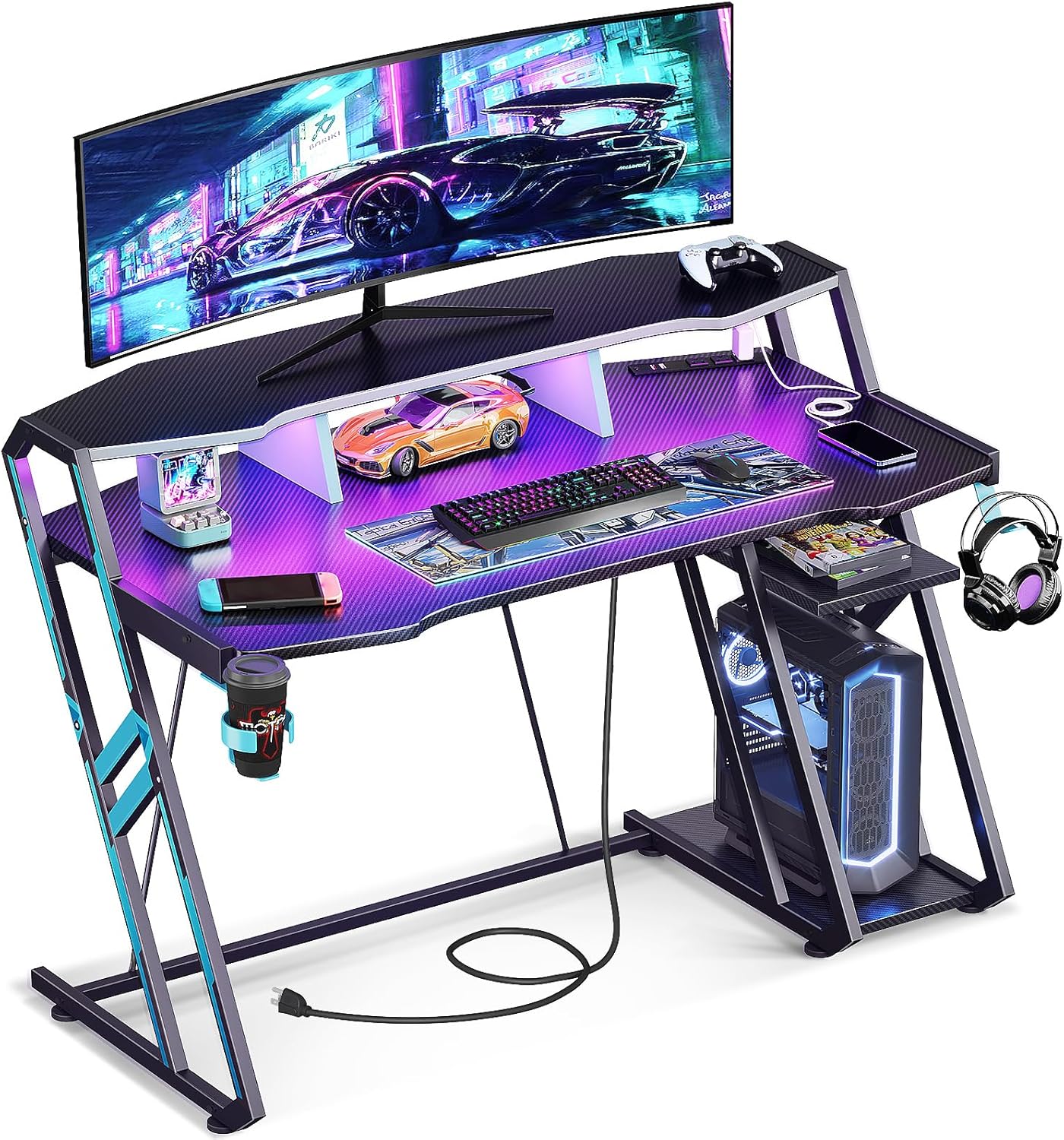 MOTPK Gaming Desk with Power Outlet & LED Lights, Gaming Computer Desk 47inch wi...
