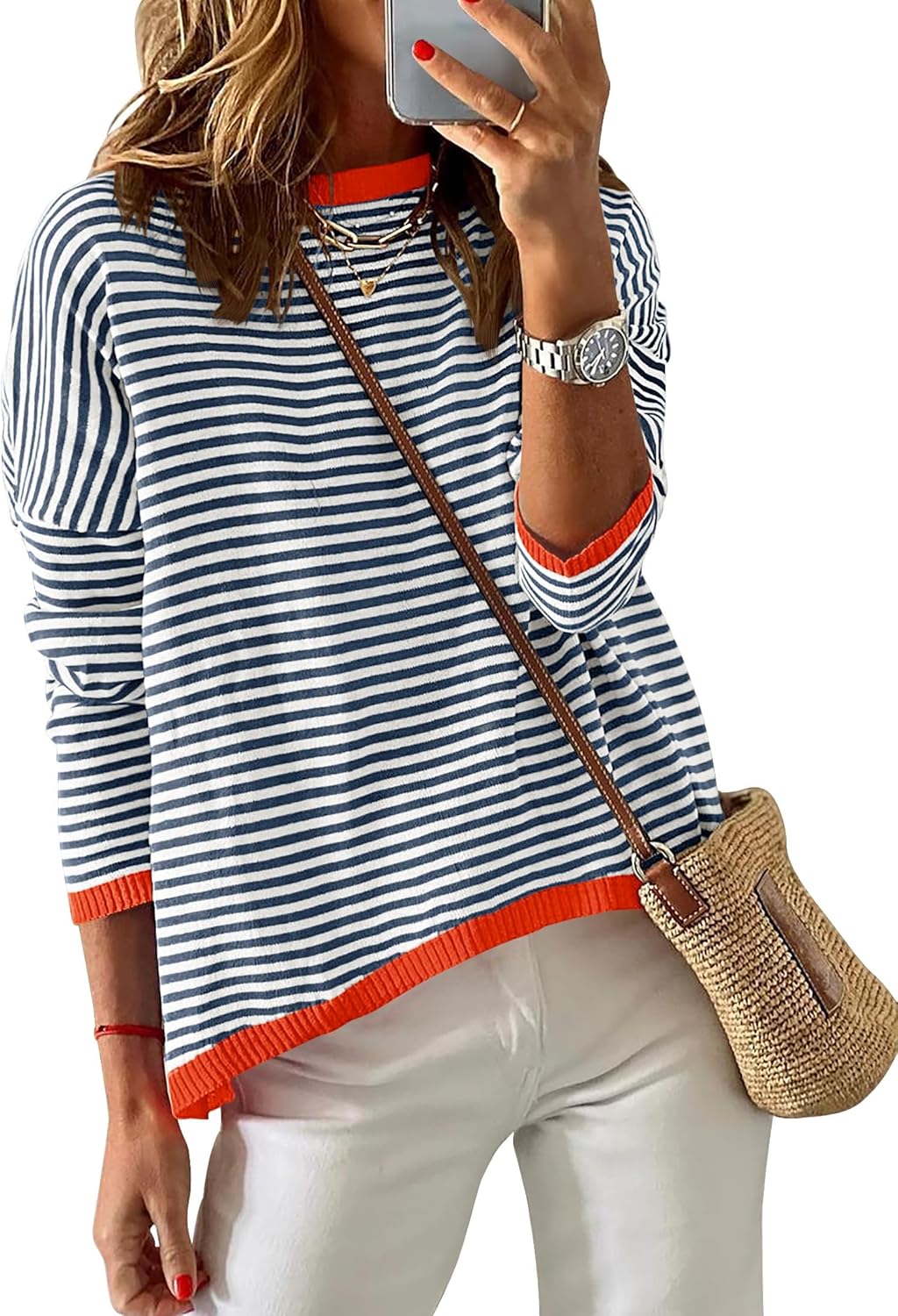 ZESICA Womens Spring Striped Sweaters Long Sleeve Crew Neck Shirts Color Block L...