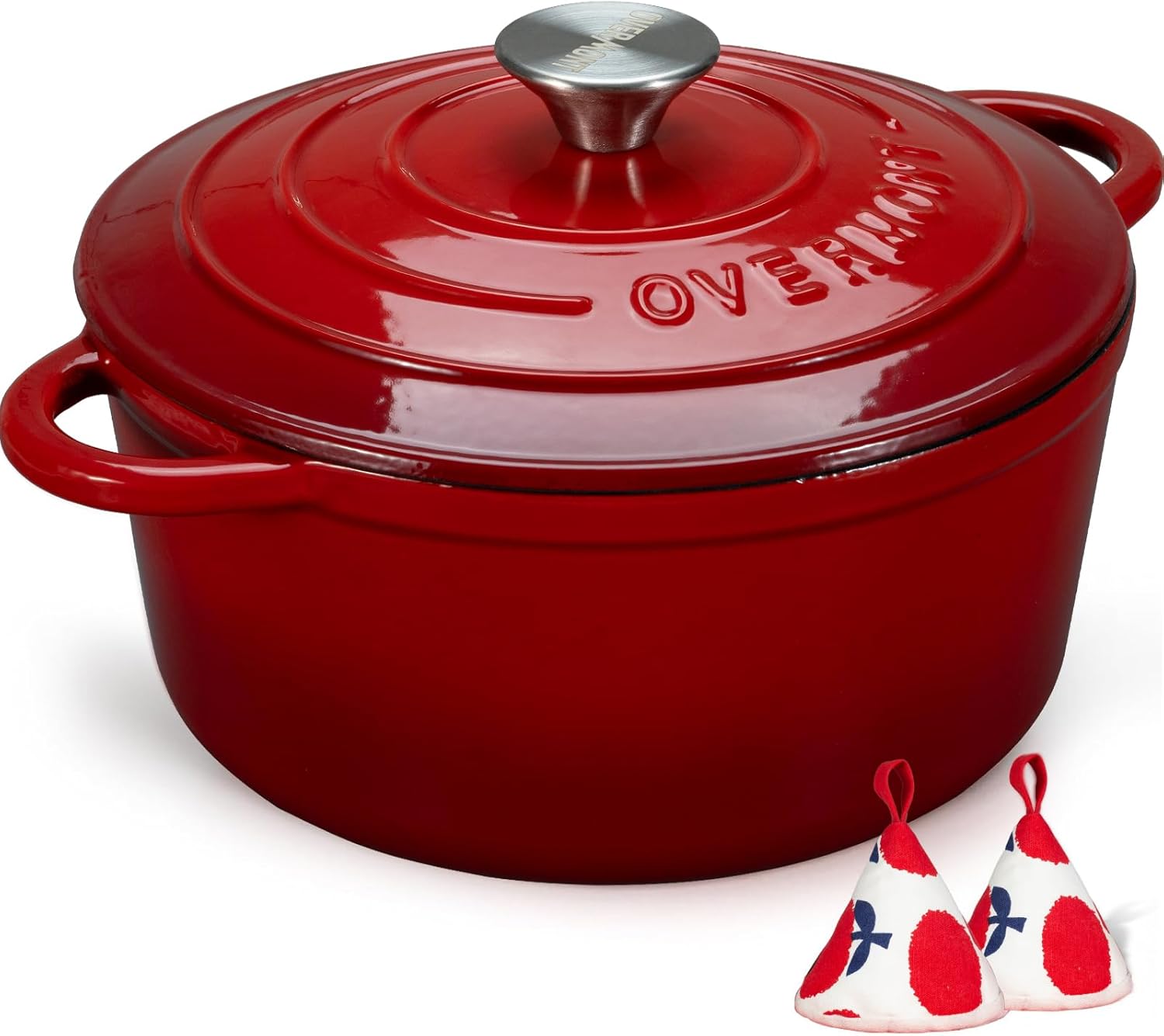 Overmont Enameled Cast Iron Dutch Oven - 5.5QT Pot with Lid Cookbook & Cotton Po...