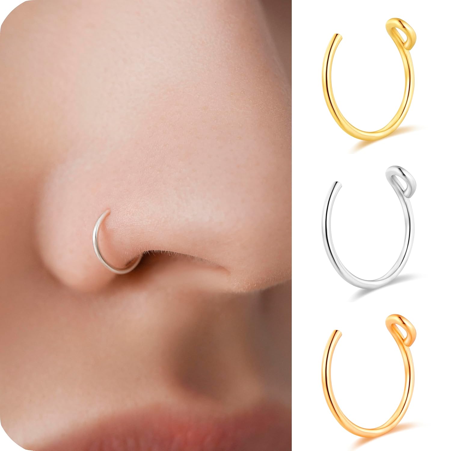 Set of 3 - Fake Clip On Nose Ring Hoop for Women - No Piercing Needed - 22 Gauge...