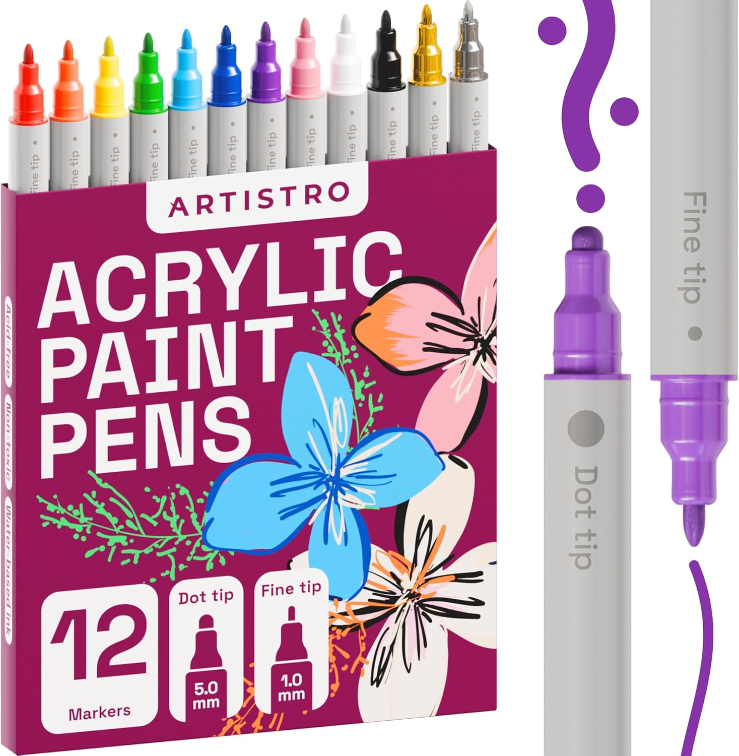 ARTISTRO 12 Colors Acrylic Paint Pens, Art Set Acrylic Paint Markers Dual Tip (F...
