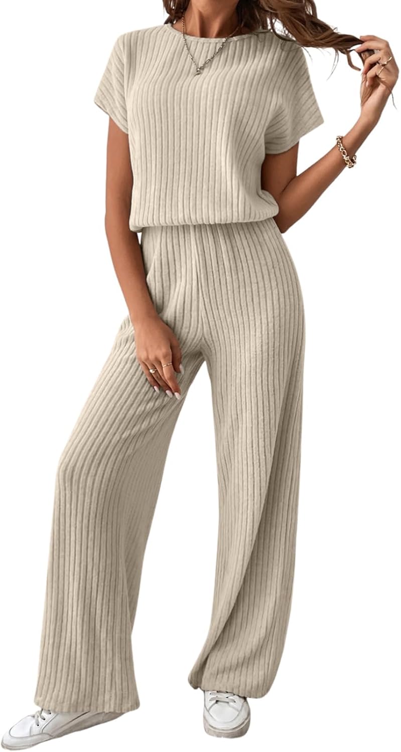 Happy Sailed Women's Casual Loose Solid Ribbed Crewneck Short Sleeve Long Romper...