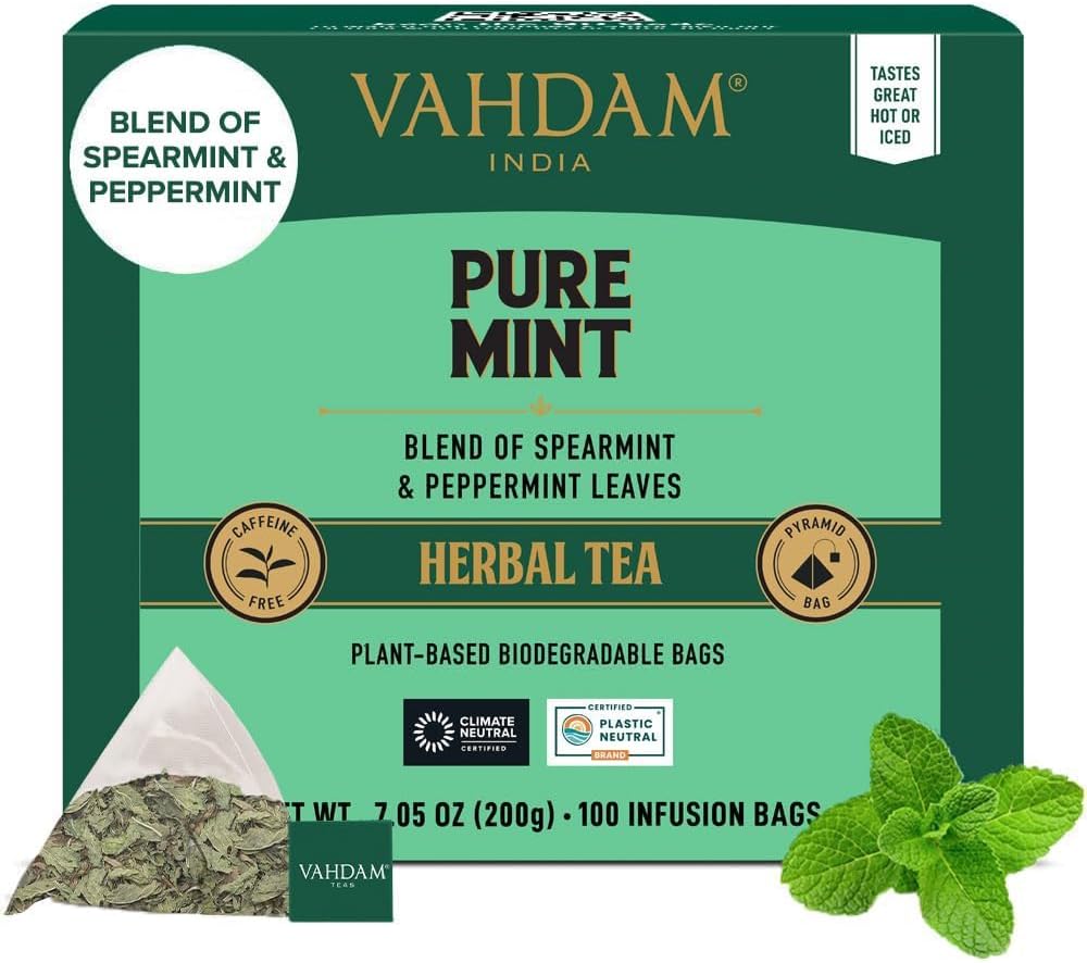 VAHDAM, Pure Mint Herbal Tea (100 Pyramid Tea Bags) Caffeine Free, Non GMO, Glut...
