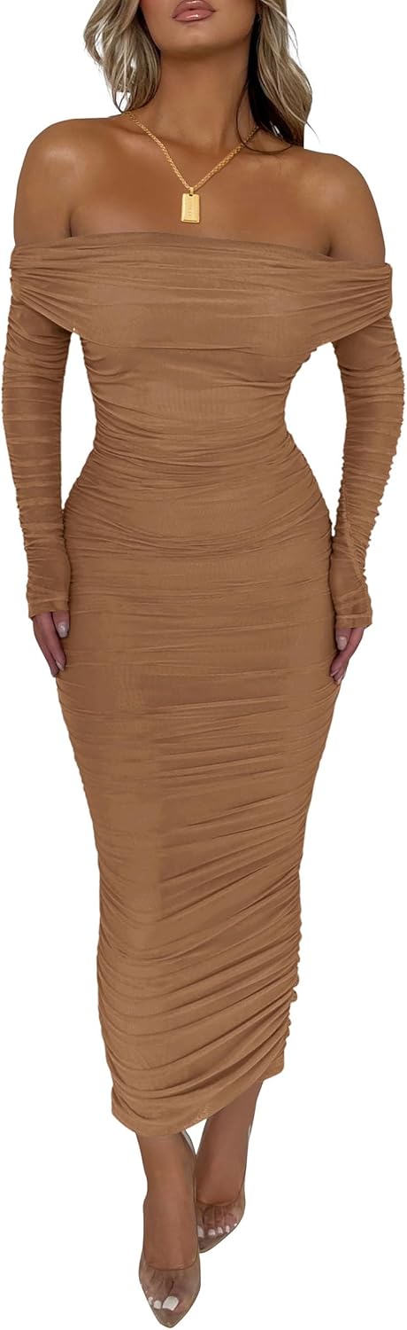 PRETTYGARDEN Women's Fall Off Shoulder Maxi Bodycon Dress Long Sleeve Ruched Fit...