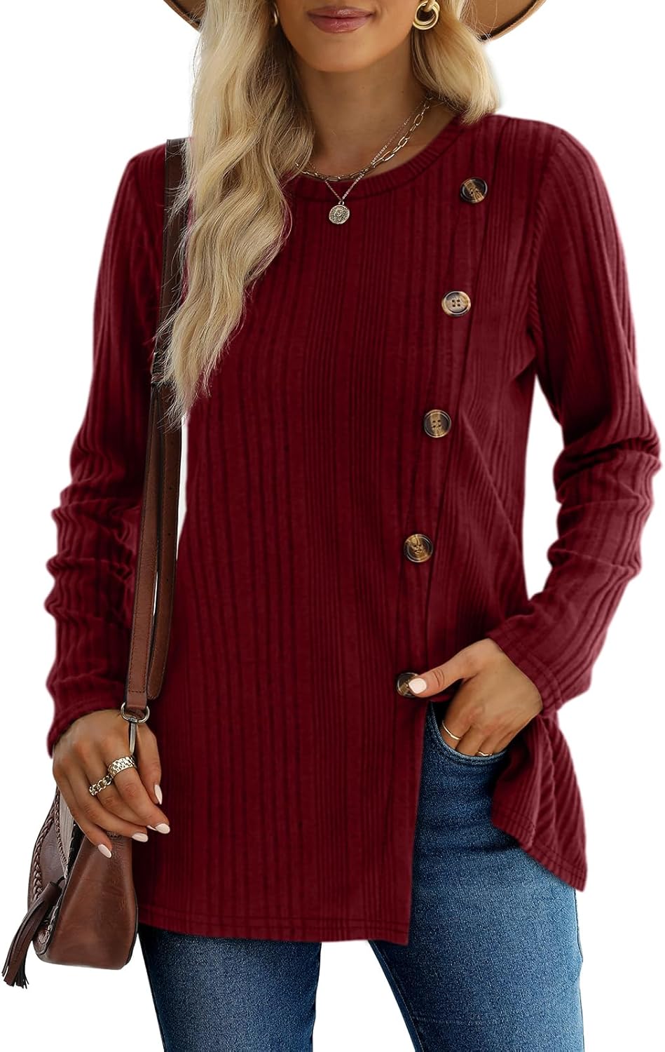XIEERDUO Long Sleeve Tops for Women Tunics Buttons Front Slit E- Burgundy XX-Lar...