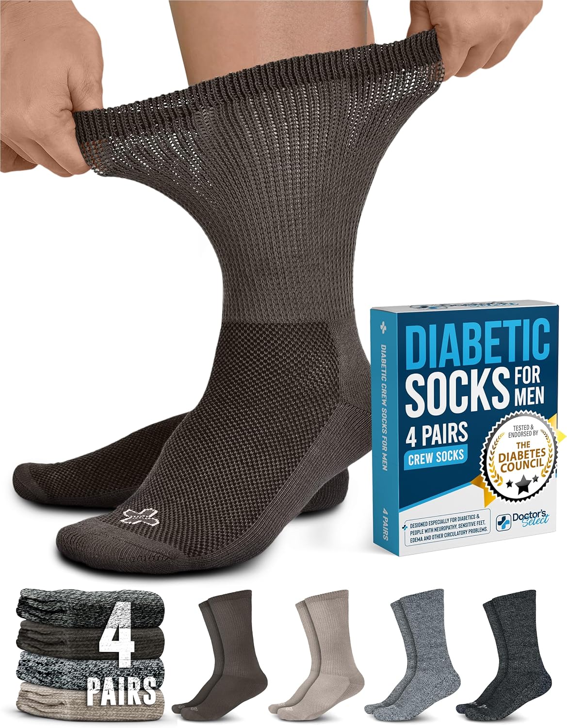 Doctor's Select Diabetic Socks for Men - 4 Pairs C...