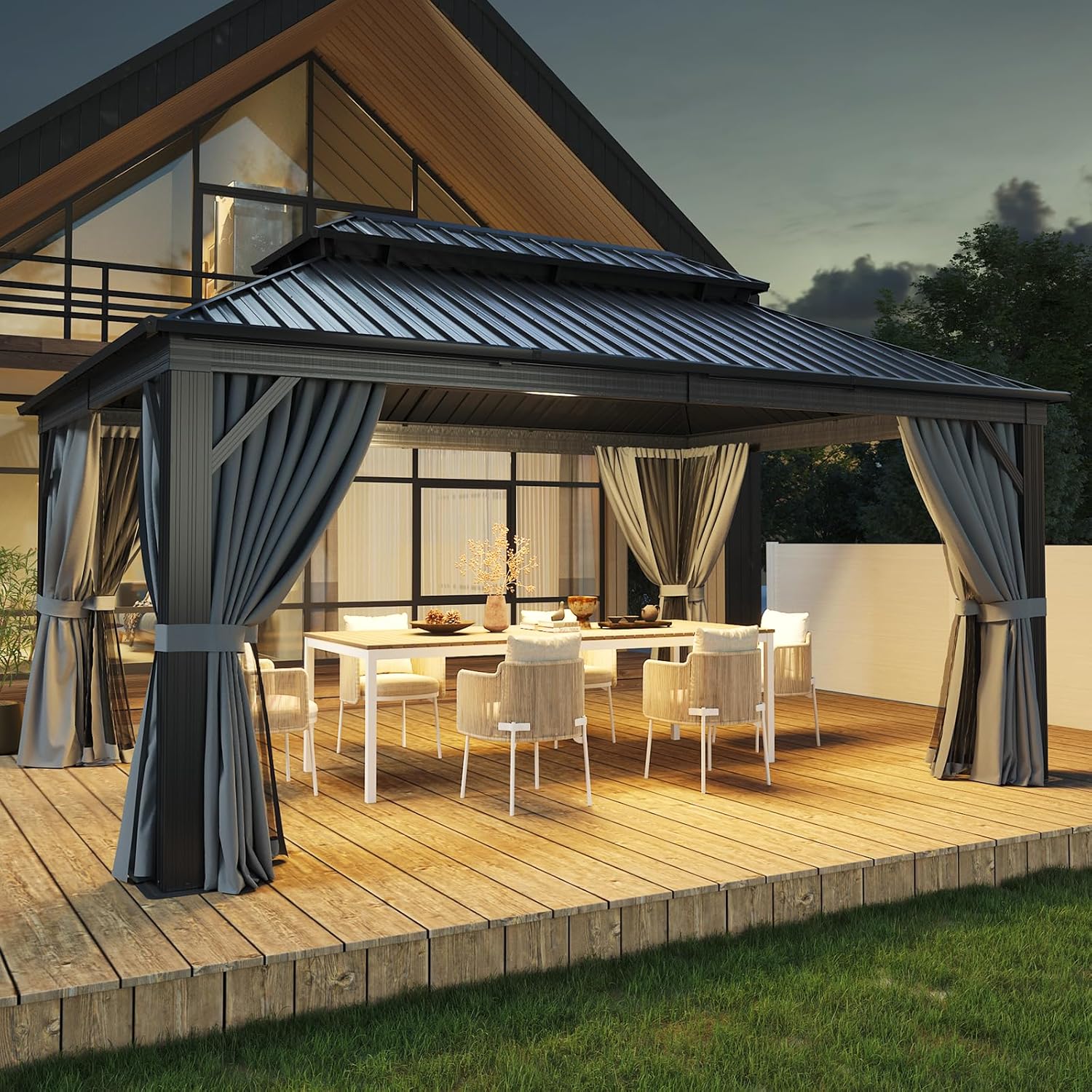 Aoxun 12FT X 16FT Hardtop Gazebo, Outdoor Pergolas with Mosquito Netting and Cur...
