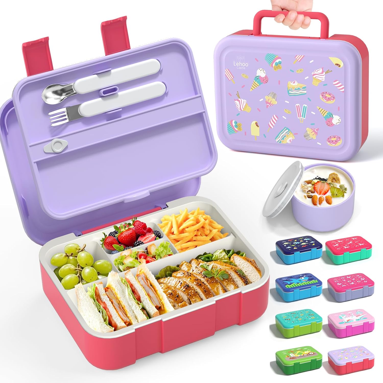 Lehoo Castle Kids Bento Lunch Box, 5 Compartments Lunchbox 1.25L, Lunch Containe...