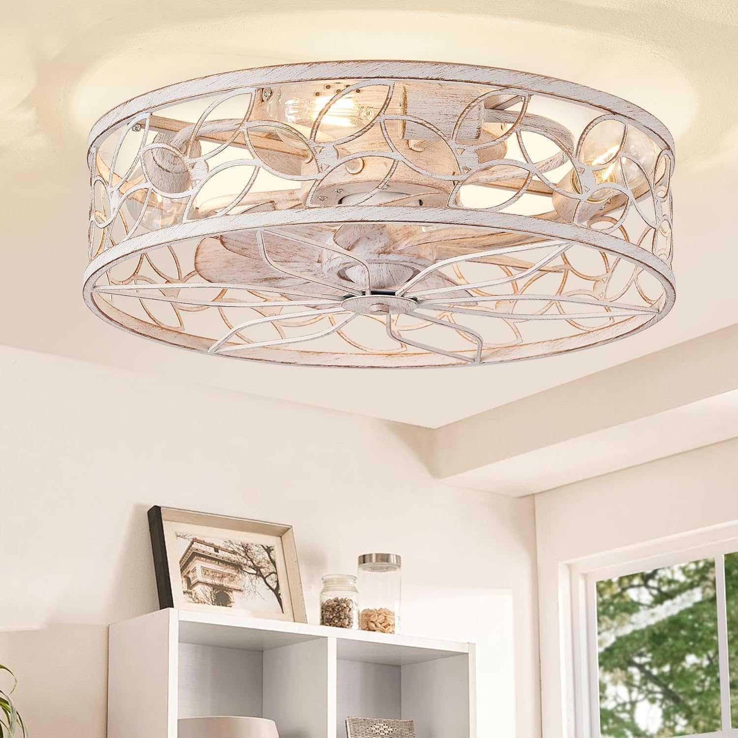 LEDIARY Caged Ceiling Fans with Lights, White Flush Mount Ceiling Fan with Remot...