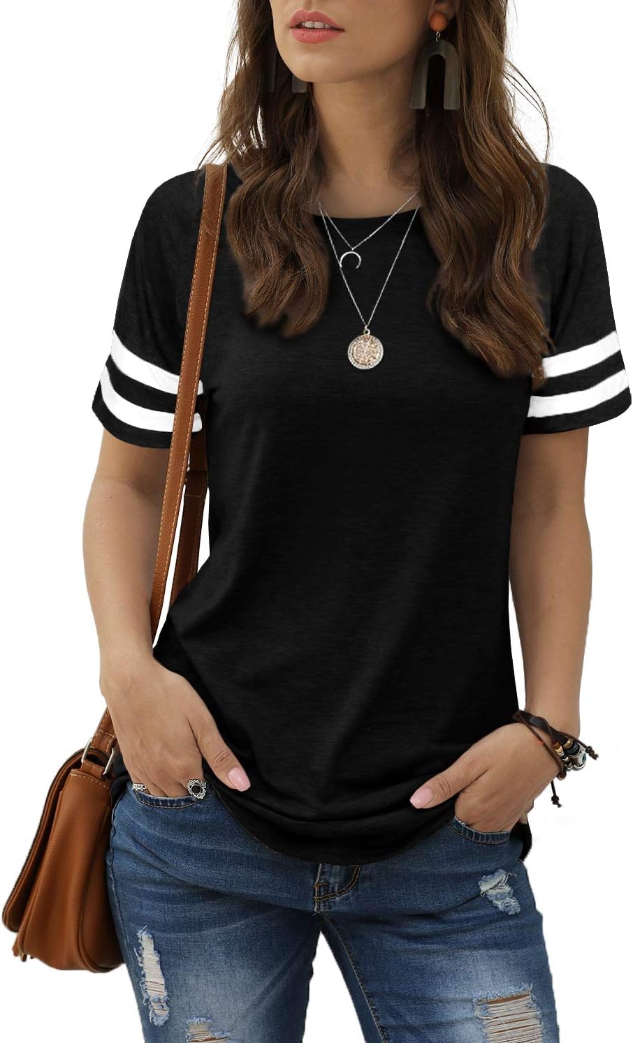 Aokosor T Shirts for Women Striped Sleeve Summer Tops Ladies Side Split Casual T...