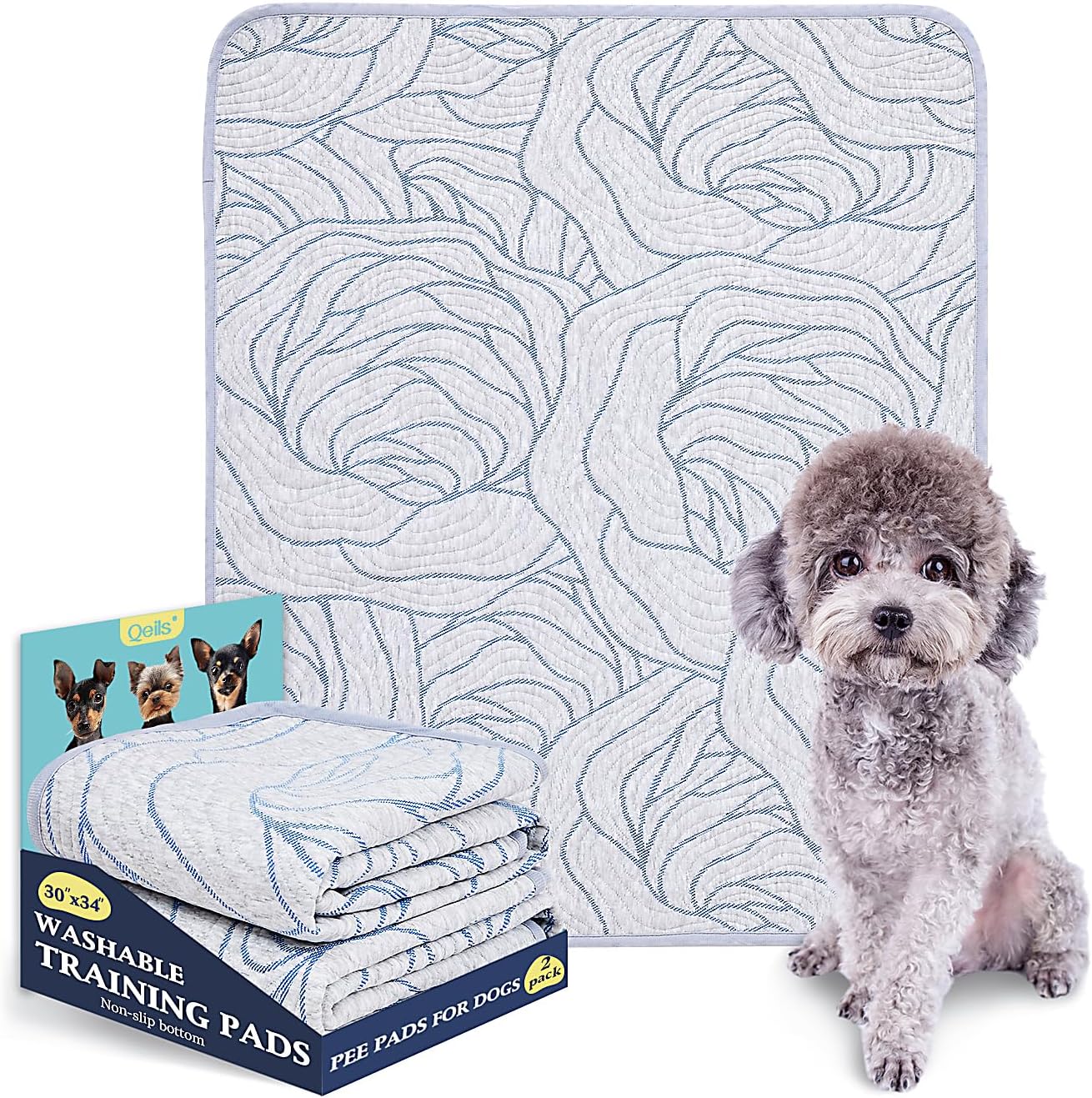 Qeils Pee Pads Reusable Washable Puppy Pads- 2 Pack 30"x34" Heavy Absorbent Prot...